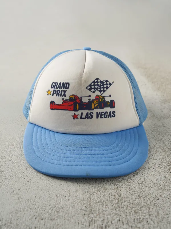Vintage 80s Blue & White Las Vegas Grand Prix Foam Trucker Hat sold by Rebalance Vintage