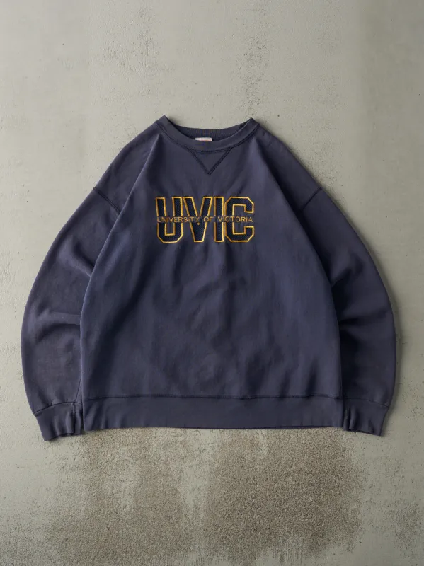 Vintage 90s Navy Blue Embroidered University of Victoria Crewneck (L) sold by Rebalance Vintage