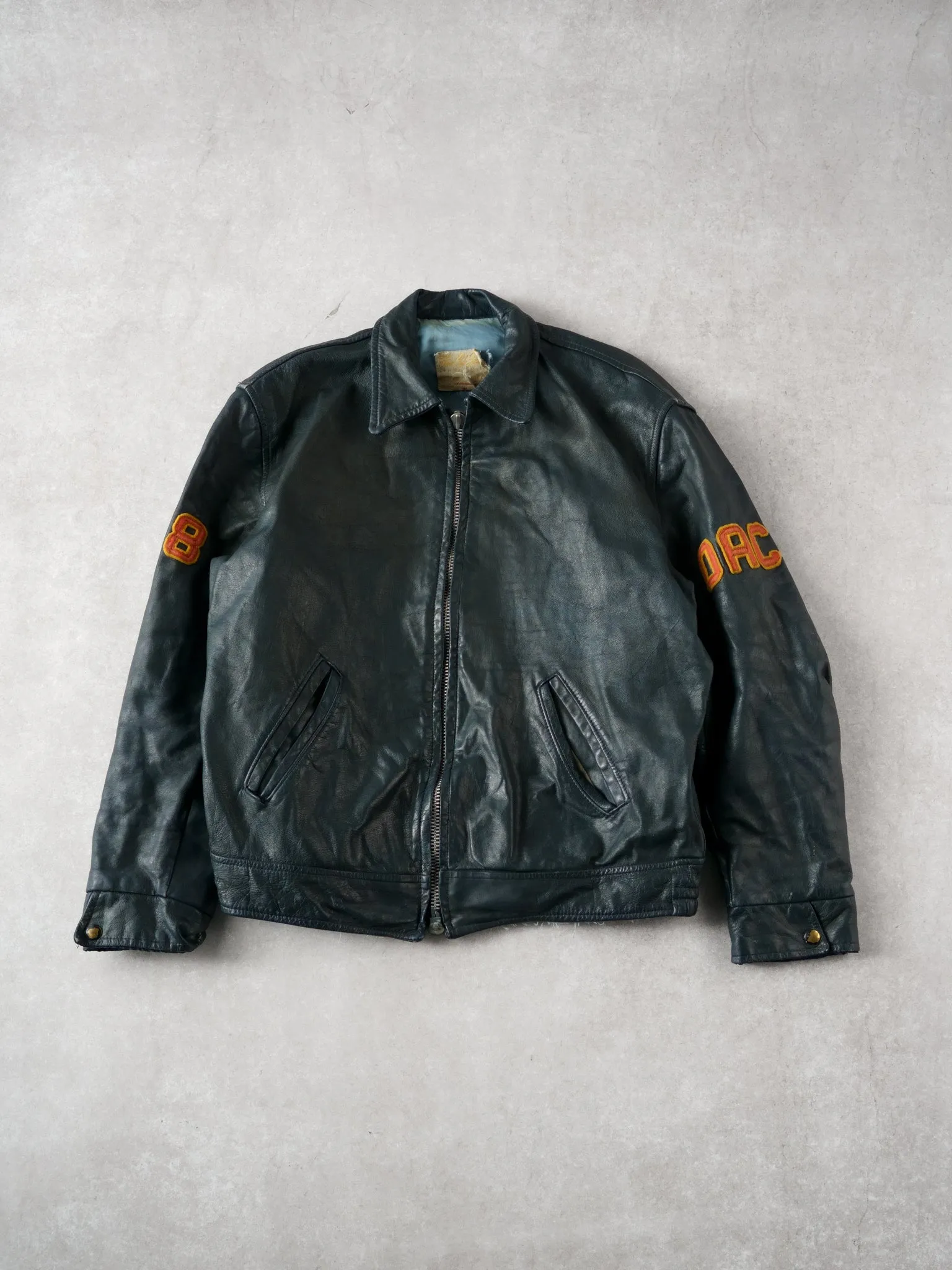 Vintage 78' Blue UNG Ontario Athletics Council #8 Leather Jacket (M) sold by Rebalance Vintage