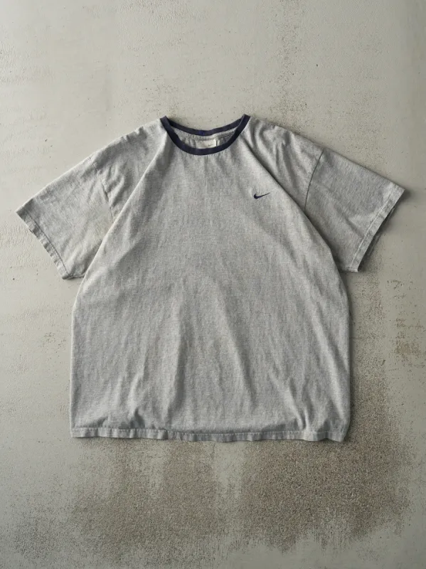 Vintage Y2K Grey & Navy Blue Embroidered Nike Swoosh Tee (L) sold by Rebalance Vintage