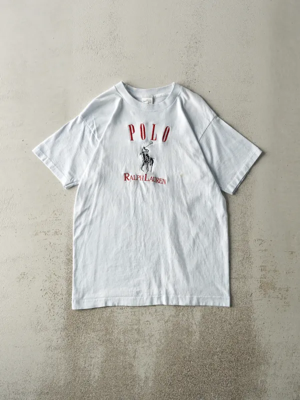 Vintage 90s White Embroidered Polo Ralph Lauren Single Stitch Tee (S/M) sold by Rebalance Vintage