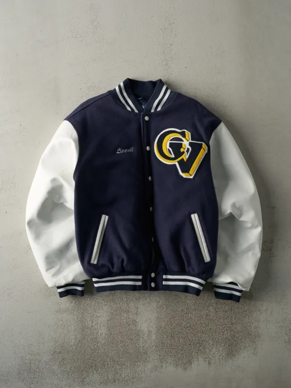 Vintage 90s Navy Blue & White Wool & Leather Varsity Jacket (L) sold by Rebalance Vintage