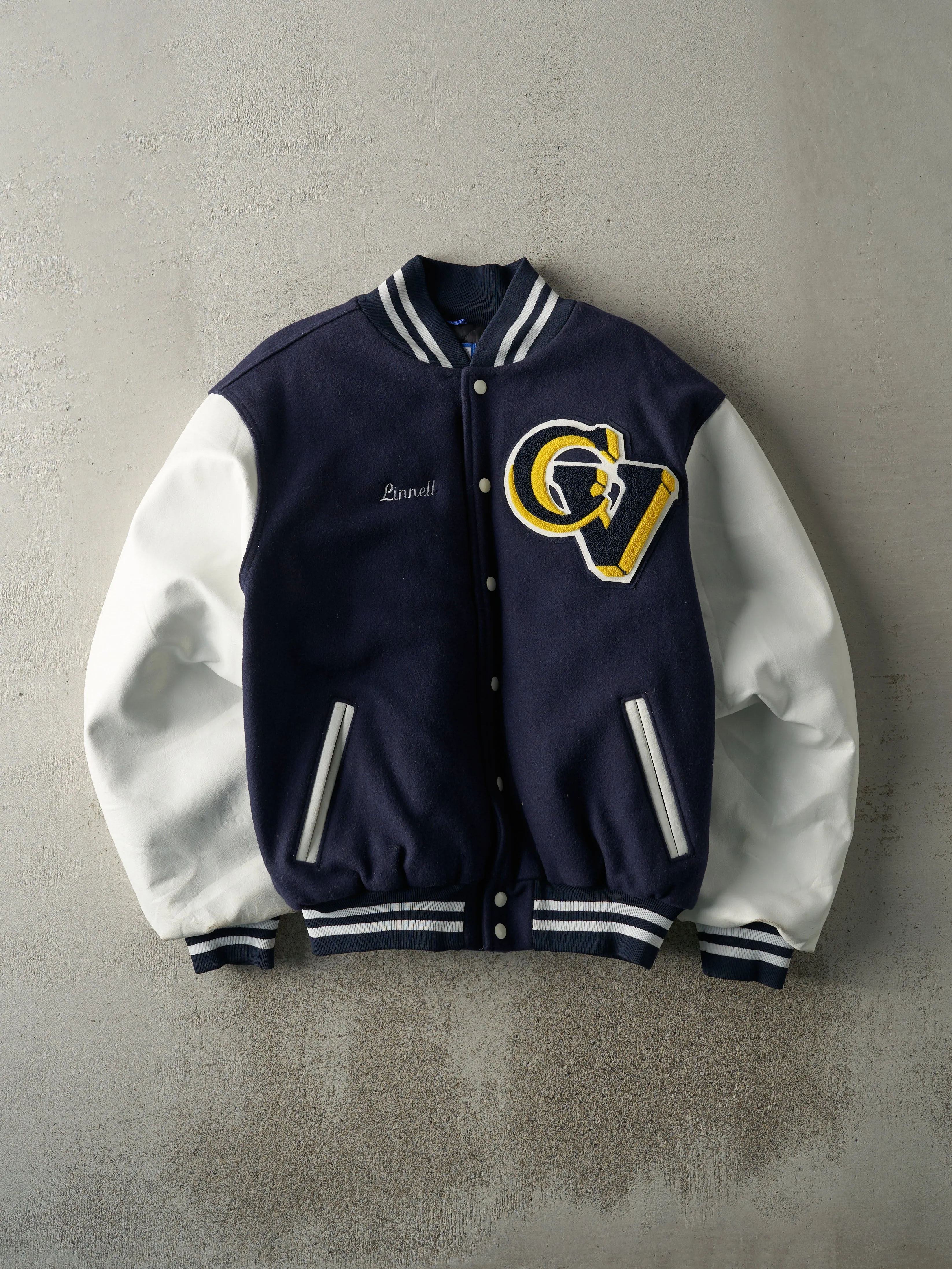 Vintage 90s Navy Blue & White Wool & Leather Varsity Jacket (L) sold by Rebalance Vintage