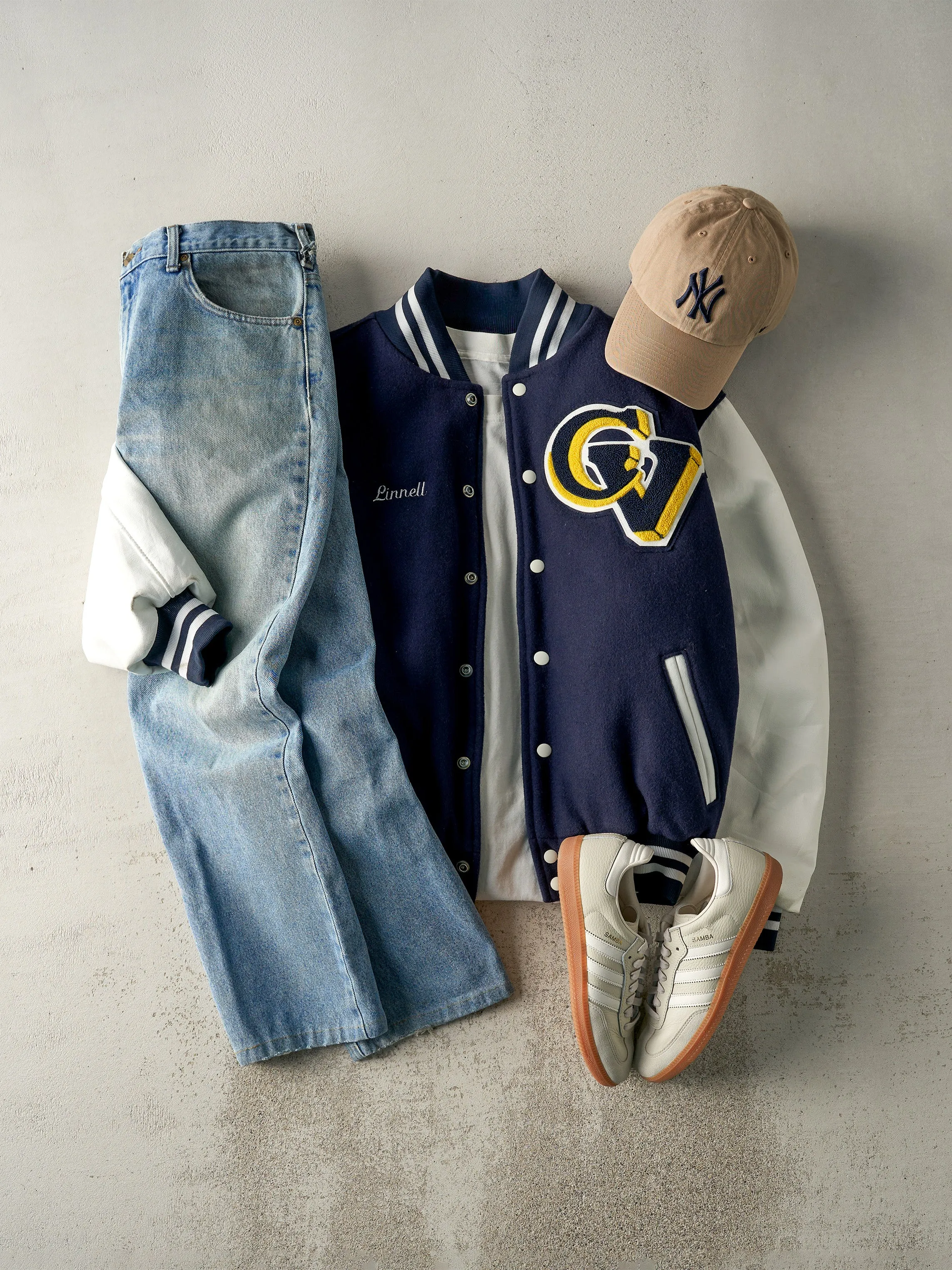 Vintage 90s Navy Blue & White Wool & Leather Varsity Jacket (L) sold by Rebalance Vintage product image thumbnail 2