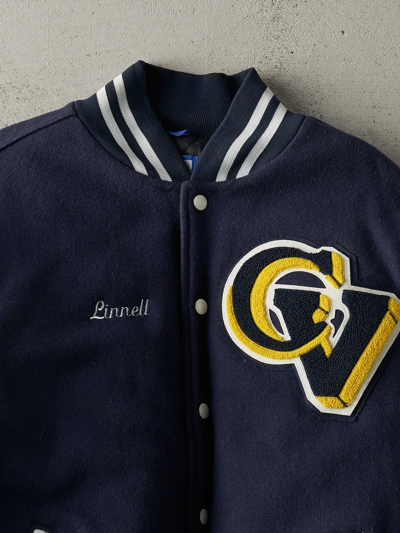 Vintage 90s Navy Blue & White Wool & Leather Varsity Jacket (L) sold by Rebalance Vintage product image thumbnail 3