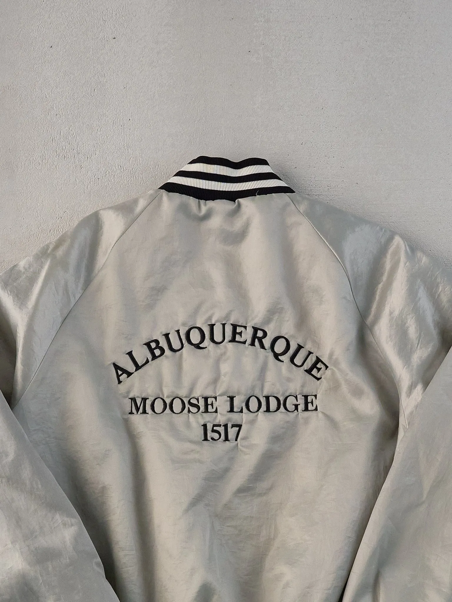 Vintage 70s Grey Albuquerque Moose Lodge Satin Bomber (L) sold by Rebalance Vintage product image thumbnail 4