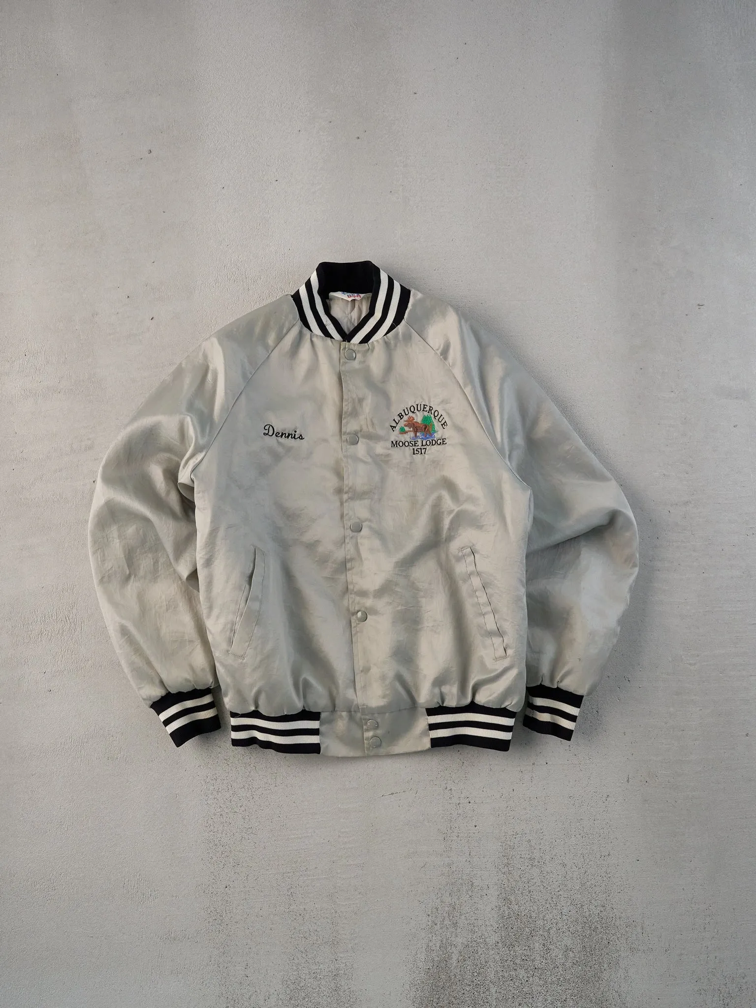 Vintage 70s Grey Albuquerque Moose Lodge Satin Bomber (L) sold by Rebalance Vintage