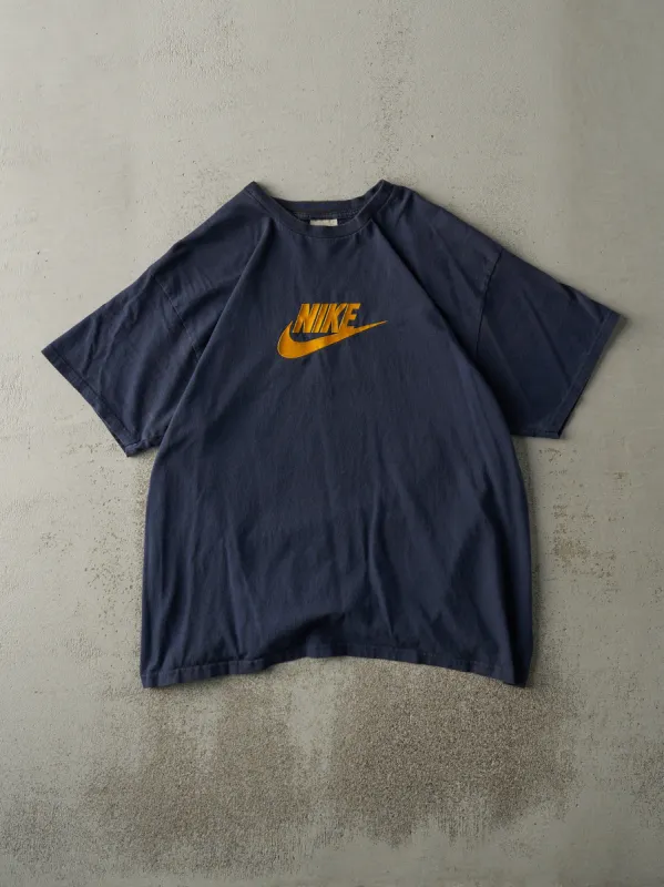 Vintage Y2K Navy Blue Felt Nike Logo Tee (M) sold by Rebalance Vintage