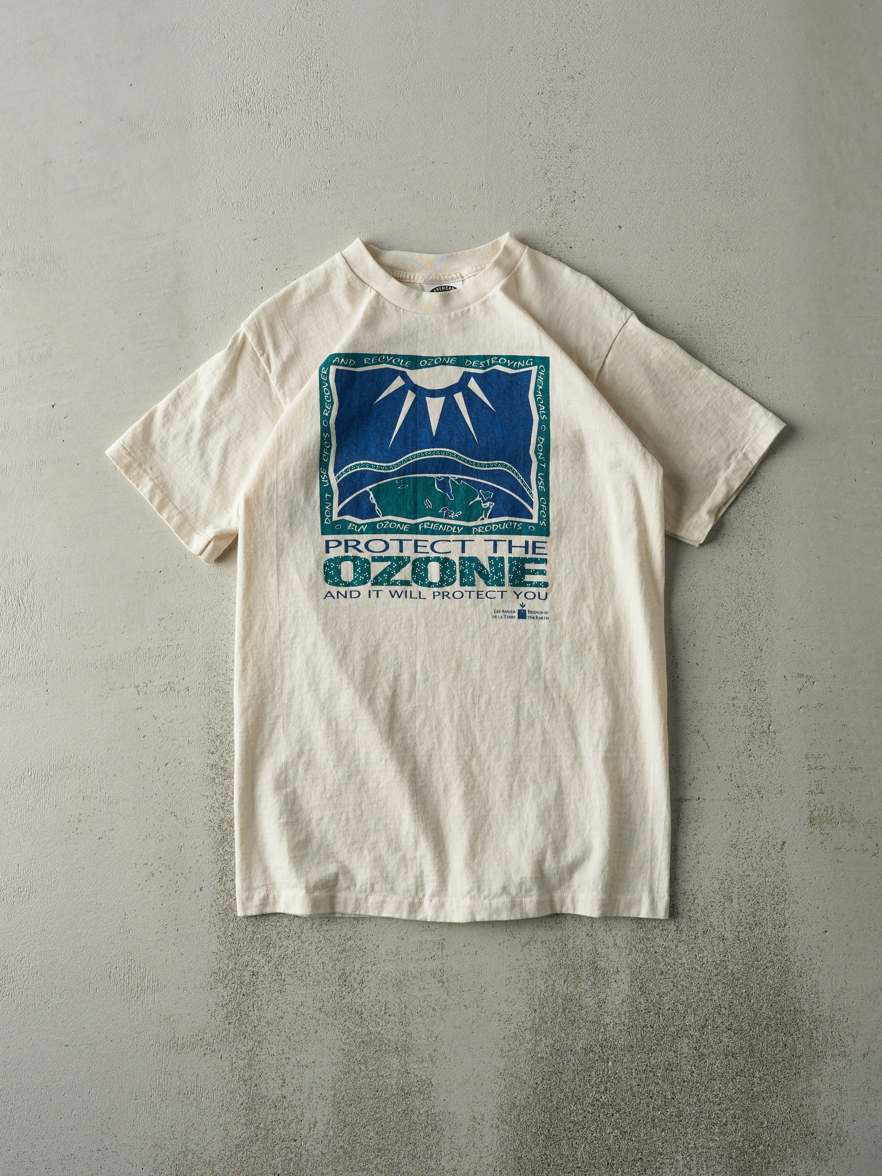 Vintage 90s Beige Protect the Ozone Single Stitch Tee (XS/S) sold by Rebalance Vintage