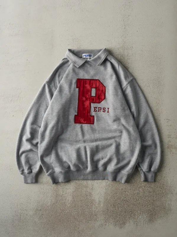 Vintage 90s Grey Pepsi Velvet and Embroidered Collared Sweatshirt (L) sold by Rebalance Vintage