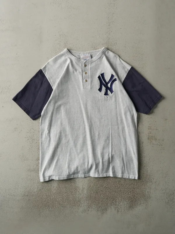 Vintage 90s Heather Grey & Navy Embroidered New York Yankees Quarter Button Tee (M) sold by Rebalance Vintage