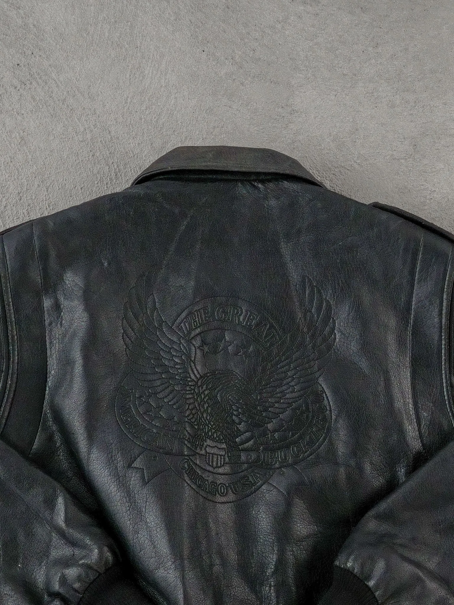 Vintage 90s Black The America Buckle Co Chicago Leather Jacket (L) sold by Rebalance Vintage product image thumbnail 4