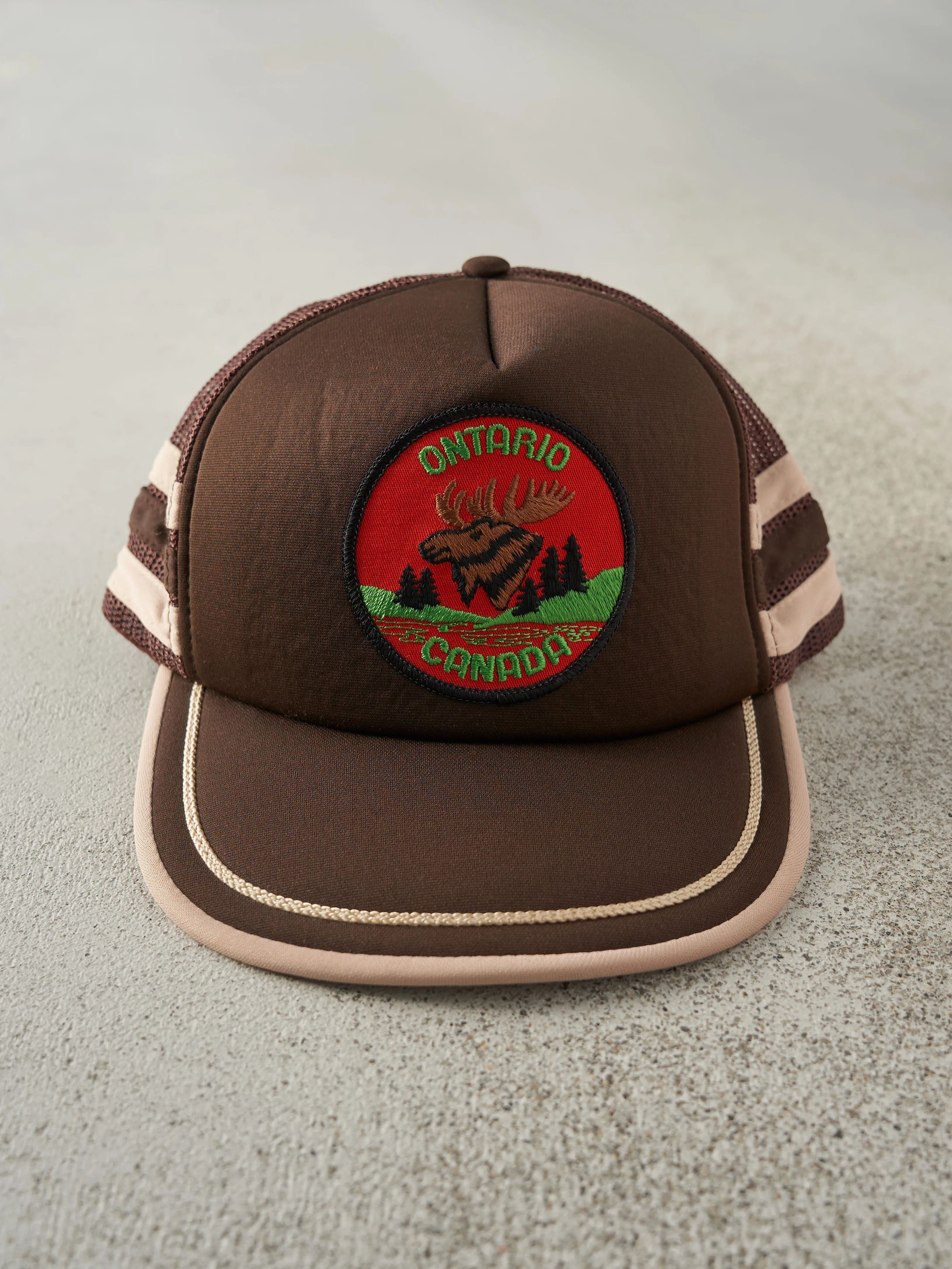 Vintage 90s Brown Ontario Canada Foam Trucker Hat sold by Rebalance Vintage