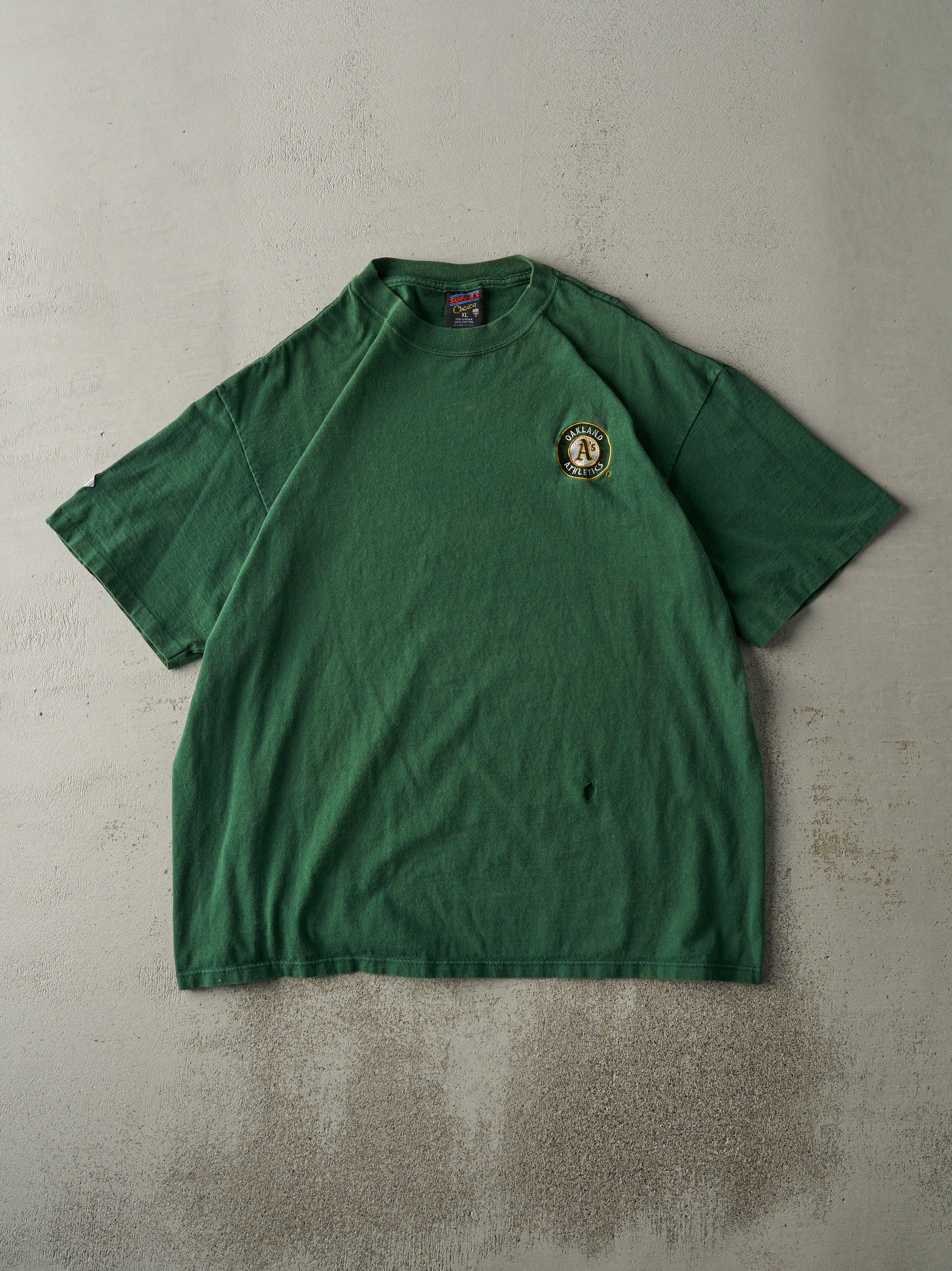 Vintage 90s Green Embroidered Oakland Athletics MLB Tee (L) sold by Rebalance Vintage