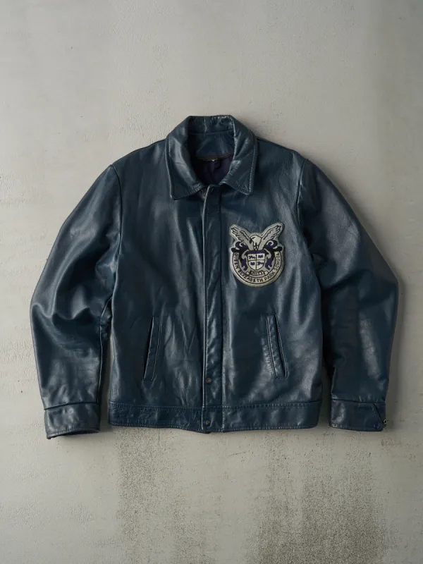 Vintage 70s Blue Queen Elizabeth Park School Emblem Leather Jacket (M) sold by Rebalance Vintage