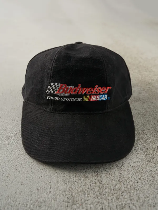 Vintage 90s Black Embroidered Budweiser Nascar Strap Back Hat sold by Rebalance Vintage
