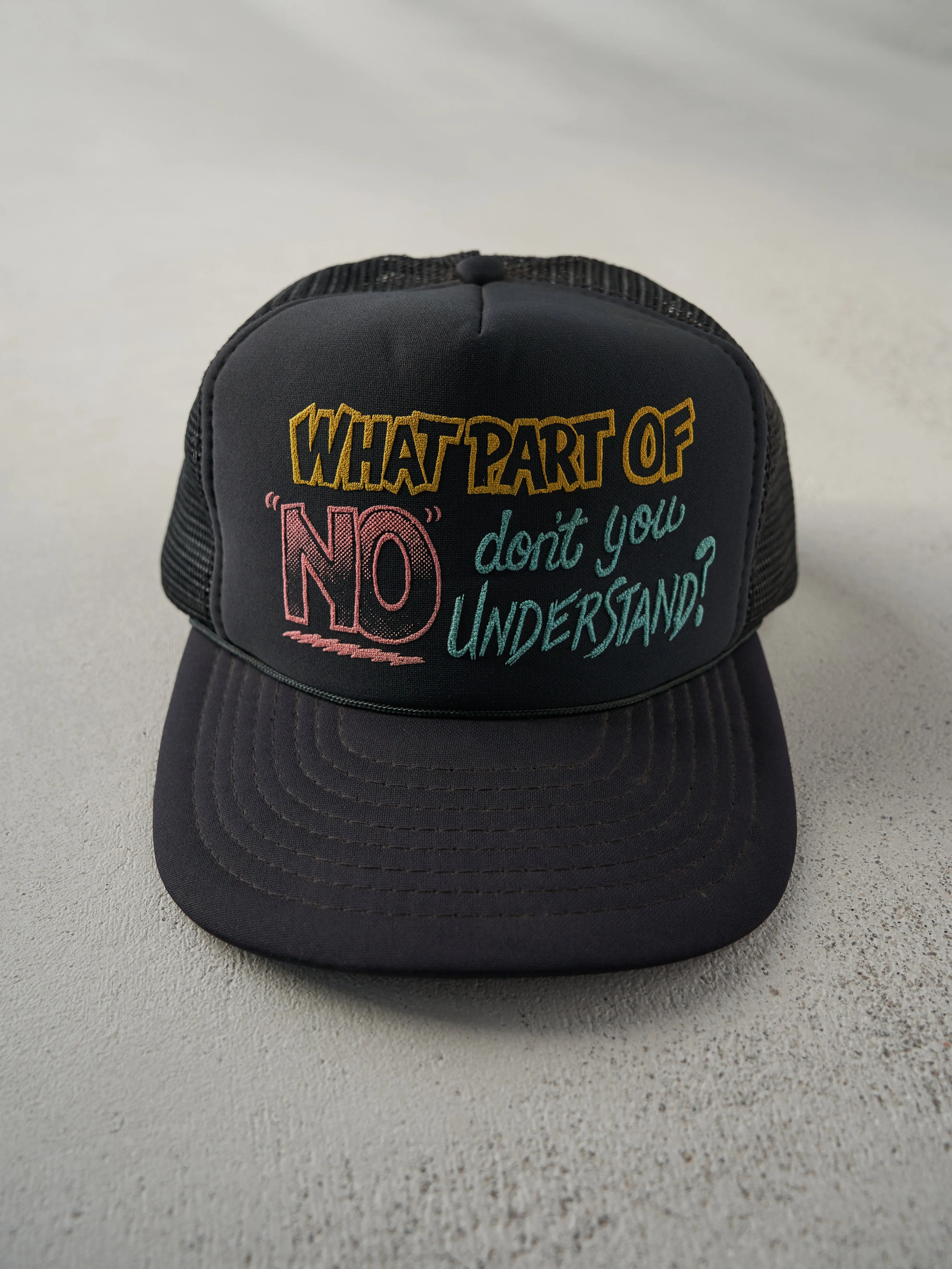 Vintage 90s Black "What Part Of No" Foam Trucker Hat sold by Rebalance Vintage