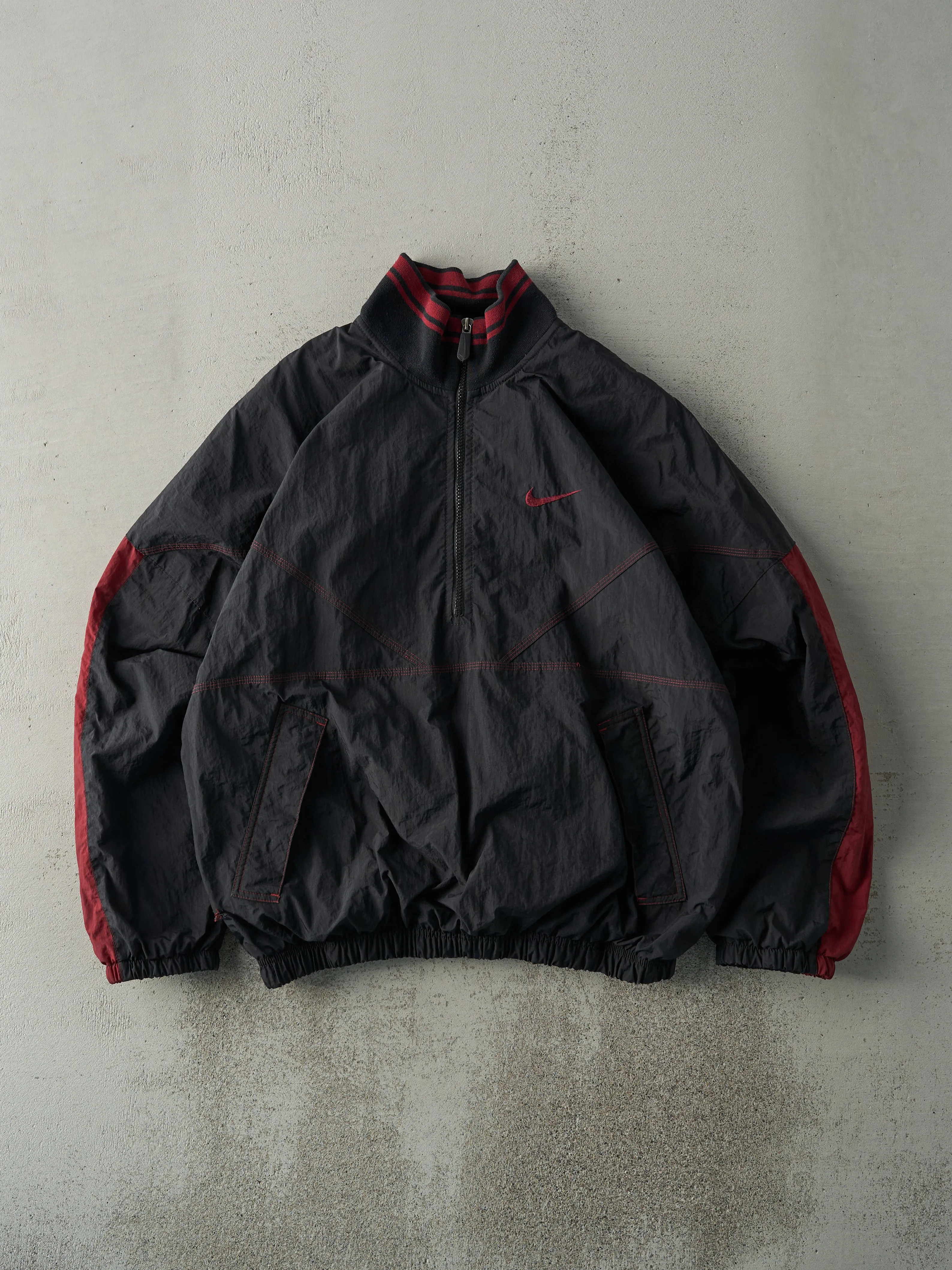 Vintage 90s Black & Red Nike Quarter Zip Boxy Windbreaker Jacket (L) sold by Rebalance Vintage