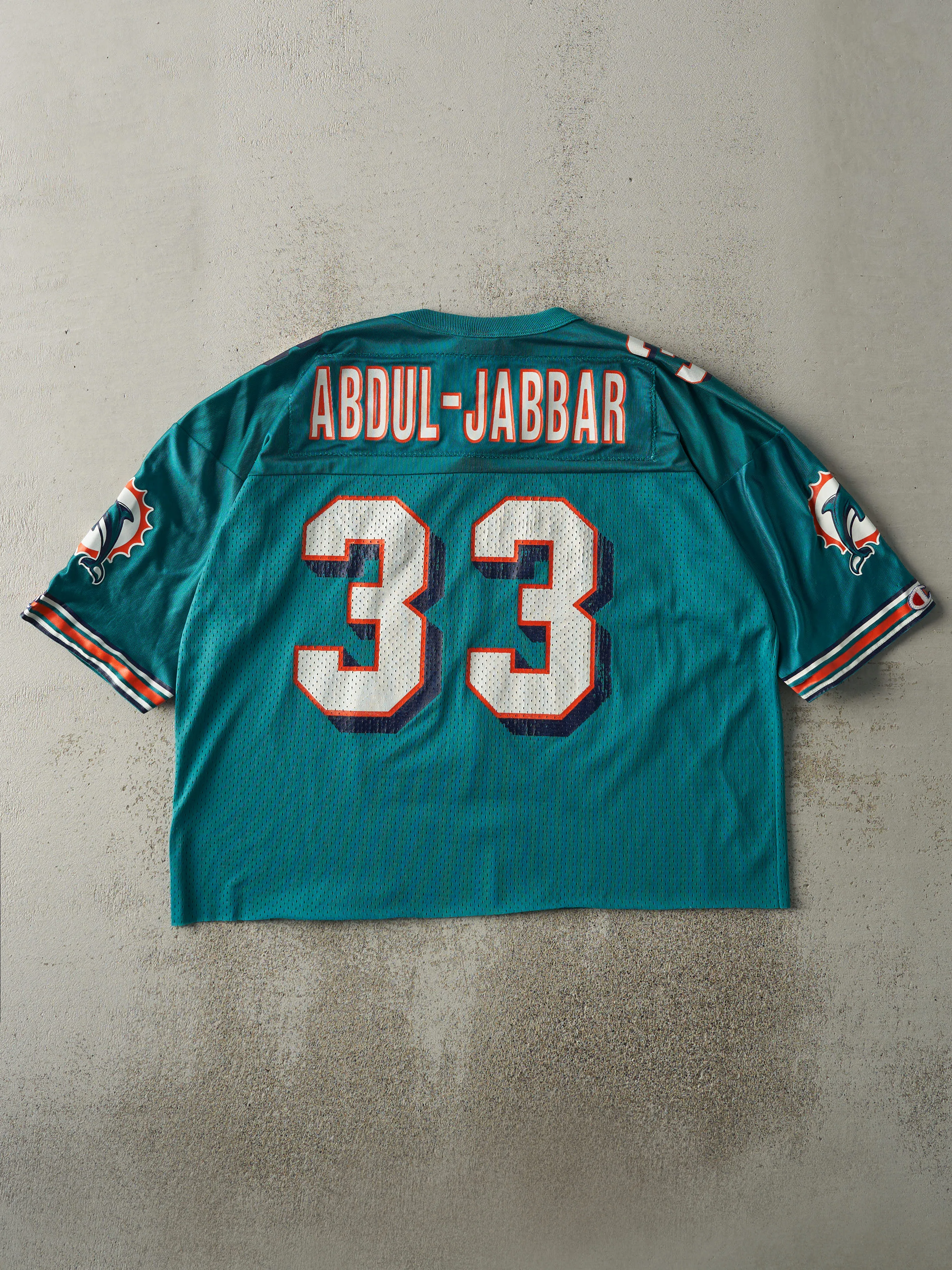 Vintage 90s Teal Miami Dolphins #33 Karim Abdul-Jabbar Cropped Football Jersey (L) sold by Rebalance Vintage product image thumbnail 2