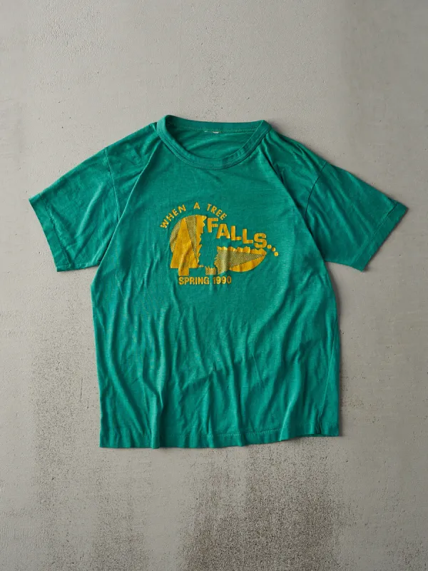 Vintage 70s Bright Green "When A Tree Falls" Single Stitch Tee (M) sold by Rebalance Vintage