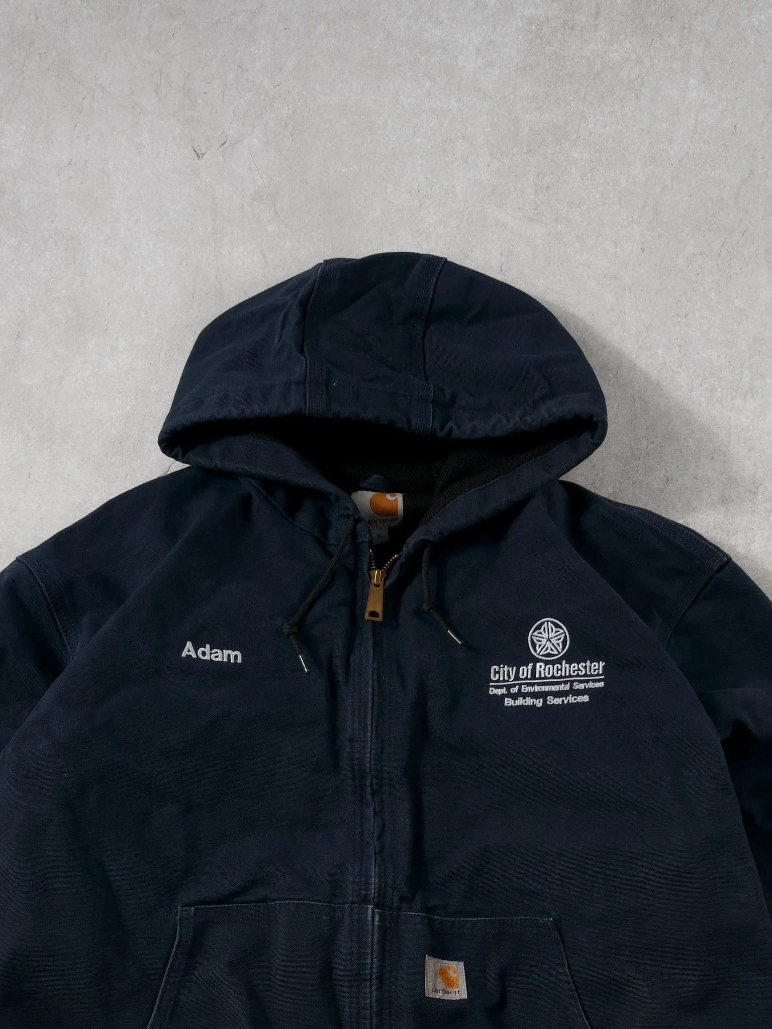 Vintage 90s Navy Blue City Of Rochester Environment Carhartt Workwear Hooded Jacket (L/XL) sold by Rebalance Vintage product image thumbnail 2
