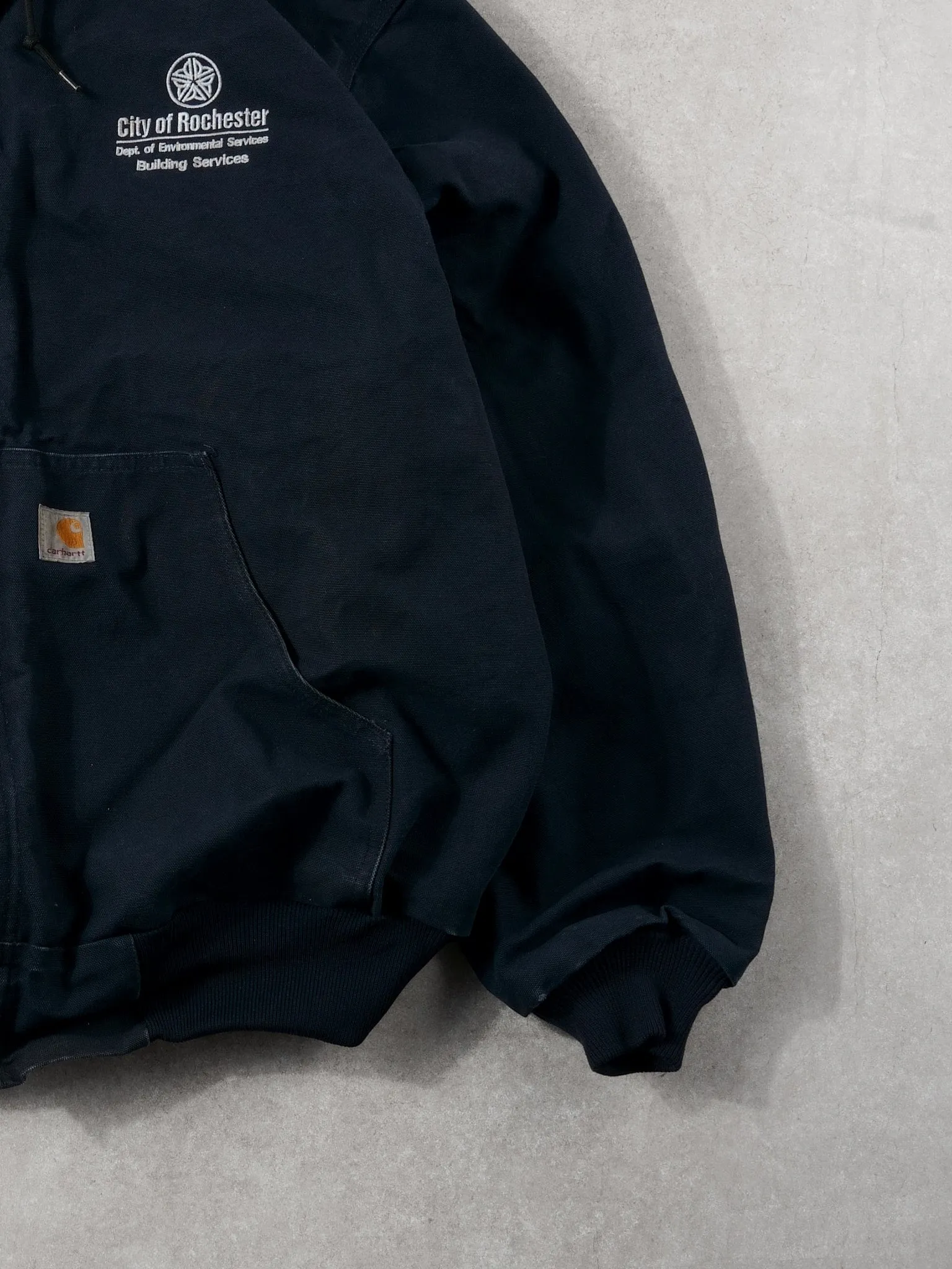 Vintage 90s Navy Blue City Of Rochester Environment Carhartt Workwear Hooded Jacket (L/XL) sold by Rebalance Vintage product image thumbnail 3