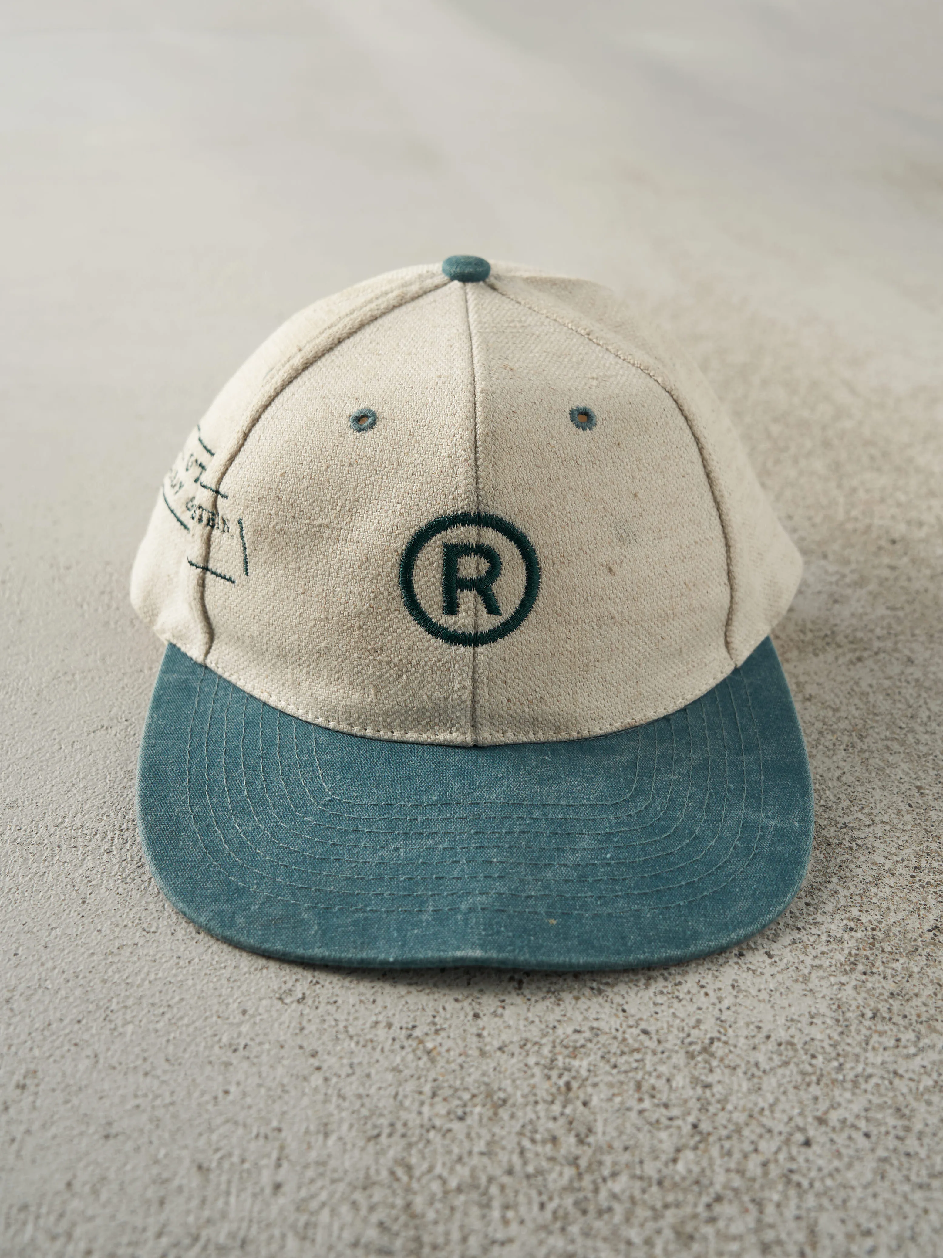 Vintage 90s Beige & Green Embroidered R Snapback Hat sold by Rebalance Vintage