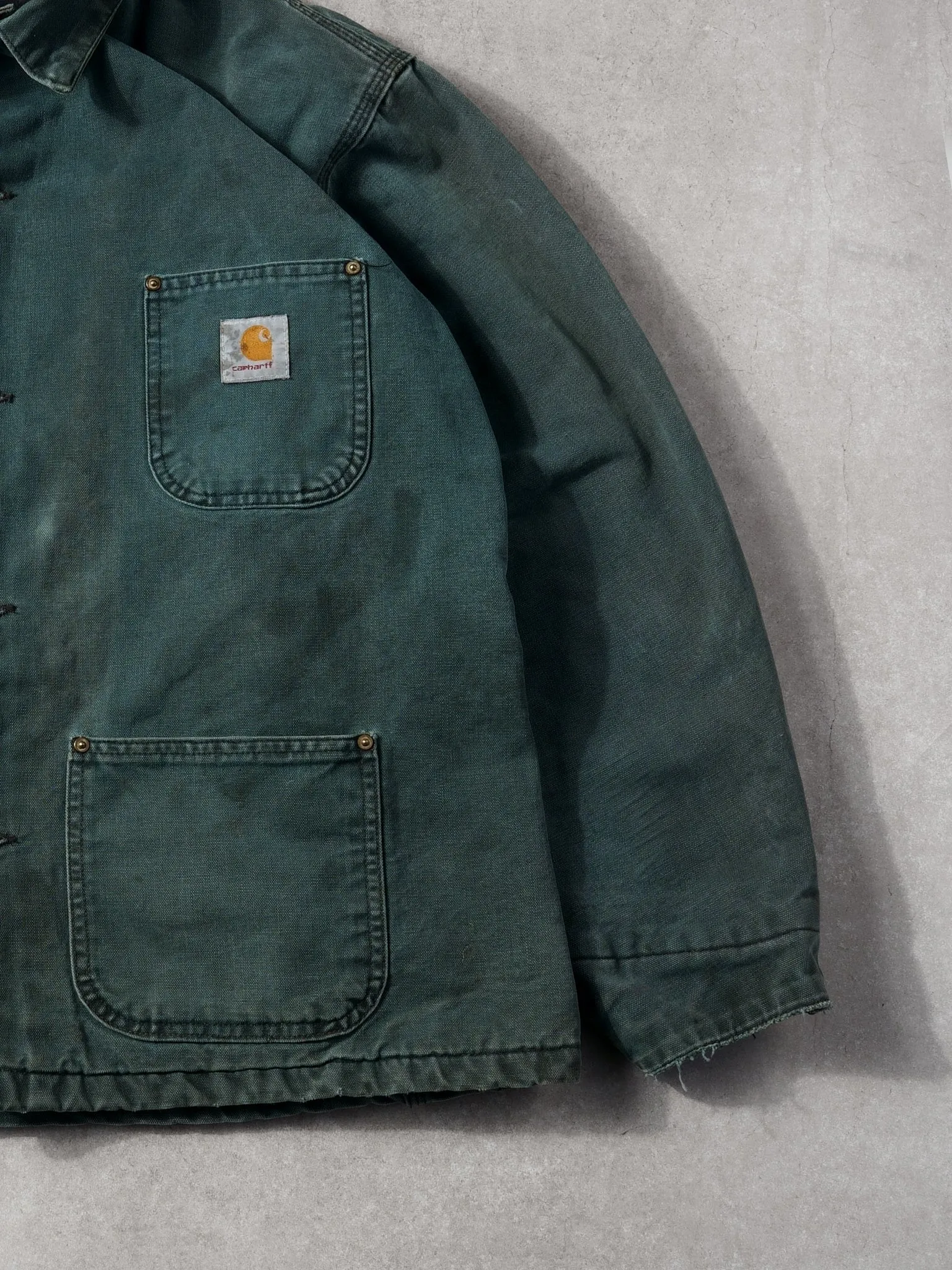 Vintage 90s Washed Pine Green Carhartt Collared Lined Workwear Jacket (XL) sold by Rebalance Vintage product image thumbnail 3