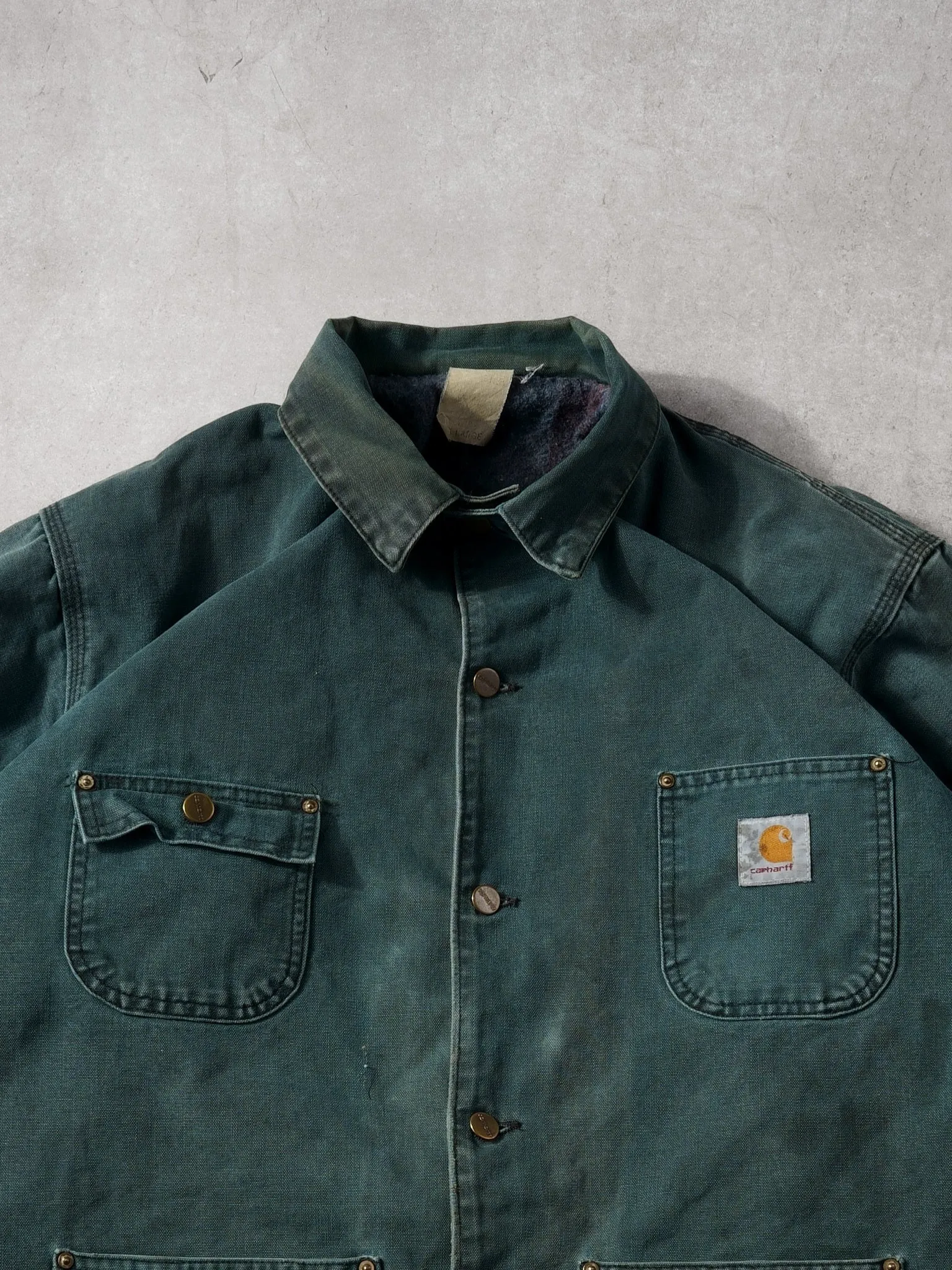 Vintage 90s Washed Pine Green Carhartt Collared Lined Workwear Jacket (XL) sold by Rebalance Vintage product image thumbnail 2