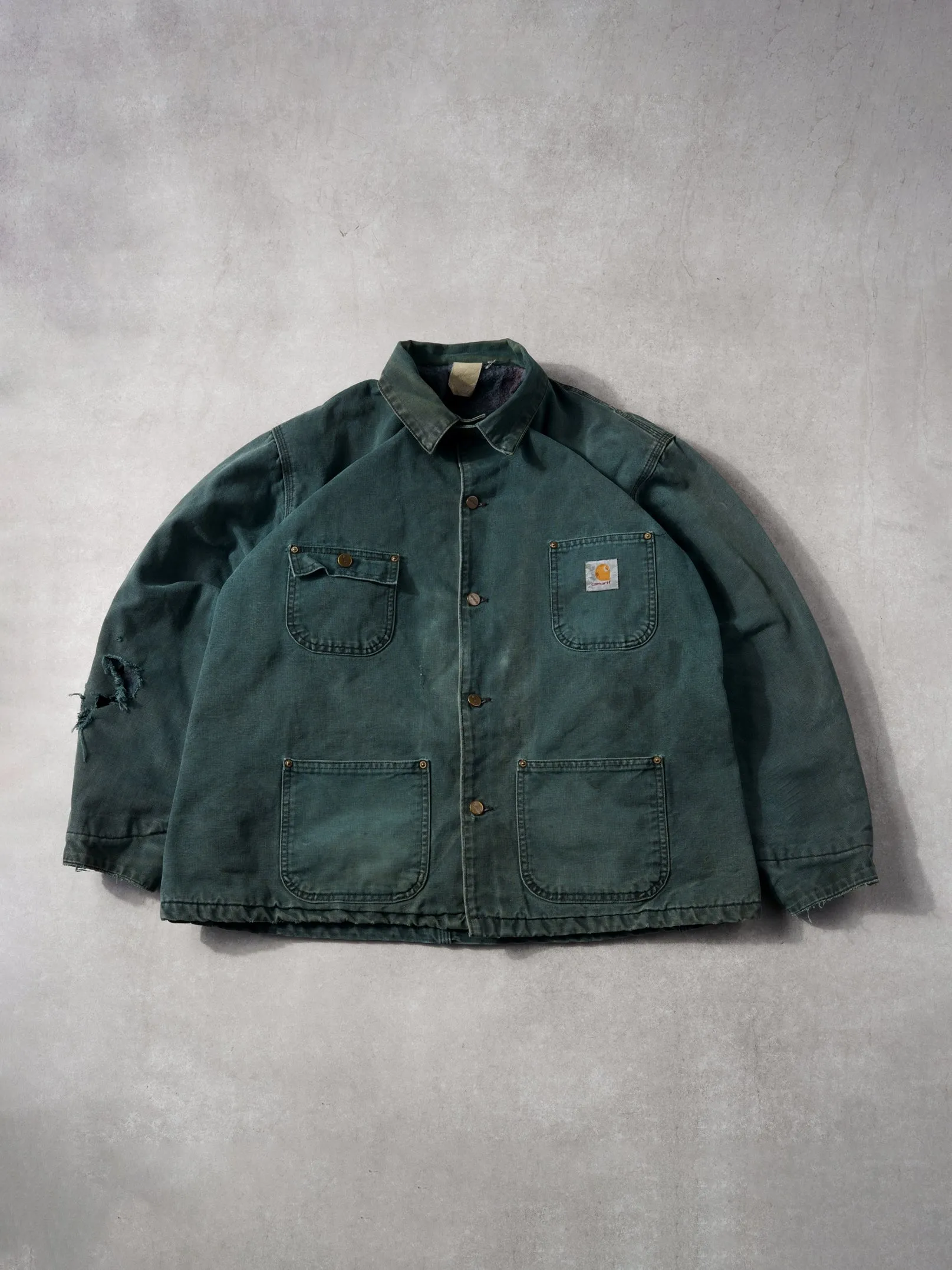 Vintage 90s Washed Pine Green Carhartt Collared Lined Workwear Jacket (XL) sold by Rebalance Vintage