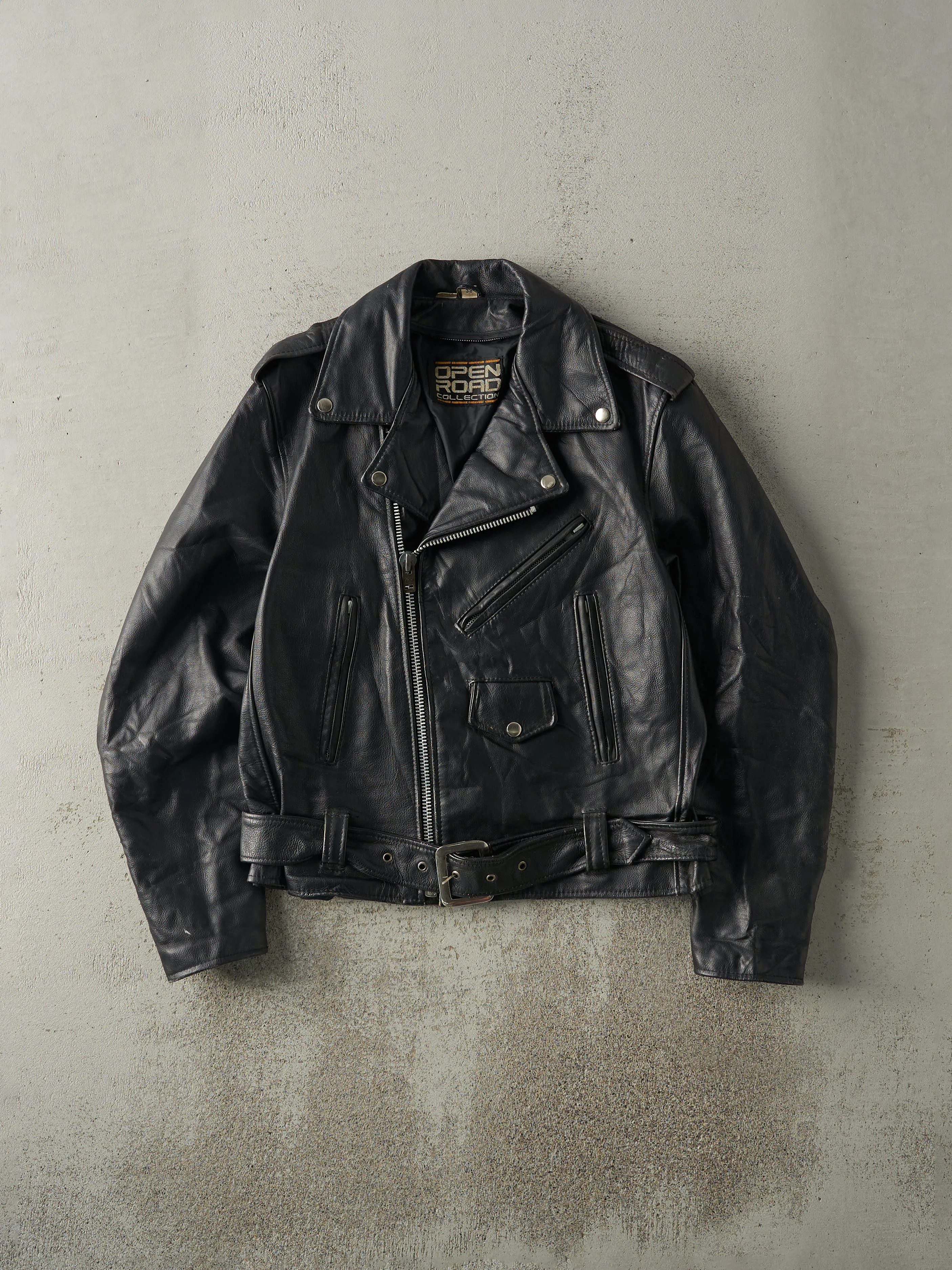 Vintage 80s Black Open Road Collection Leather Biker Jacket (S) sold by Rebalance Vintage
