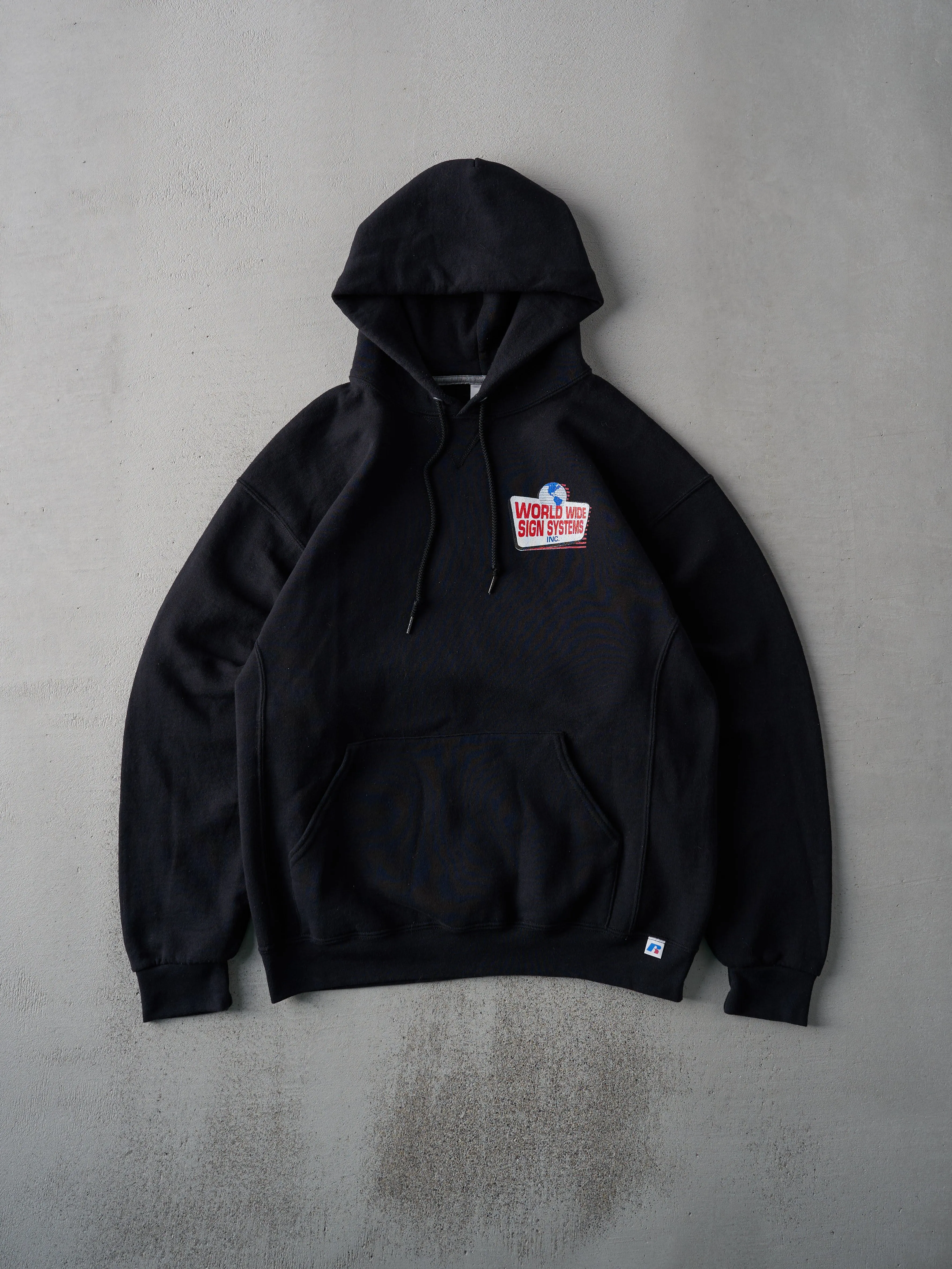 Vintage Y2k Black World Wide Sign Systems Russell Athletics Hoodie (L) sold by Rebalance Vintage