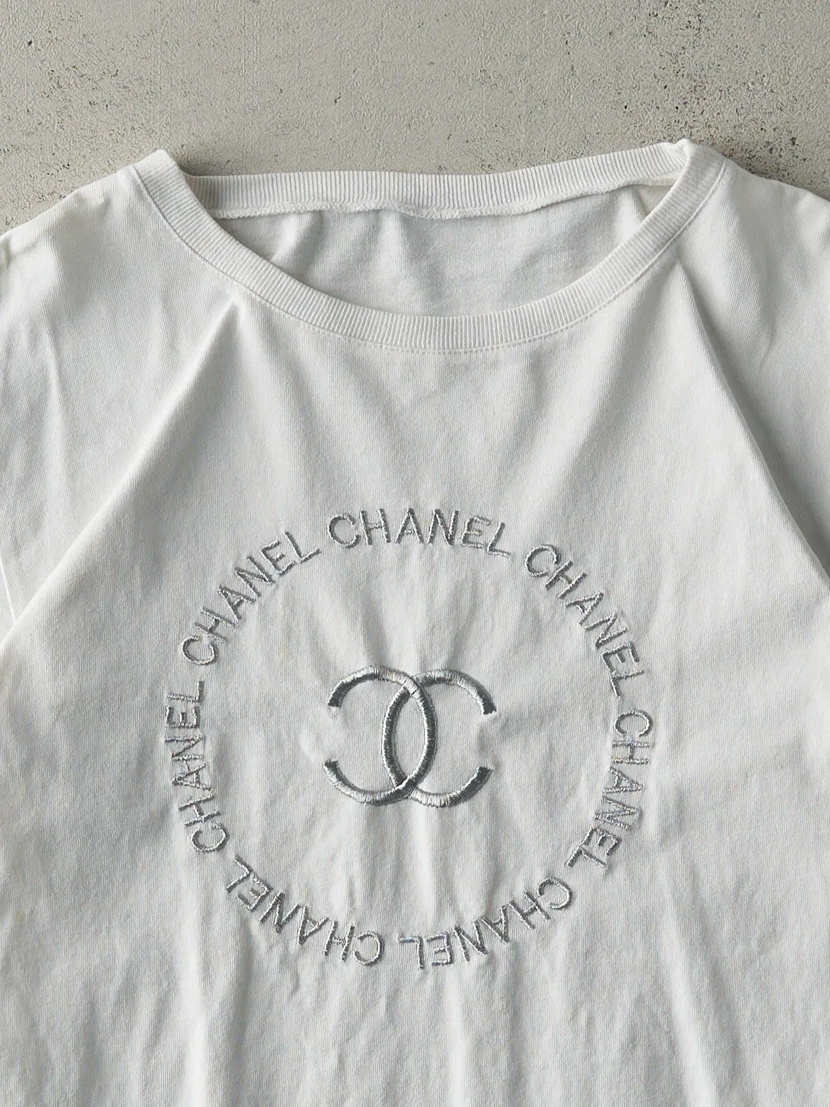Vintage Y2K White Bootleg Embroidered Chanel Tee (S) sold by Rebalance Vintage product image thumbnail 2