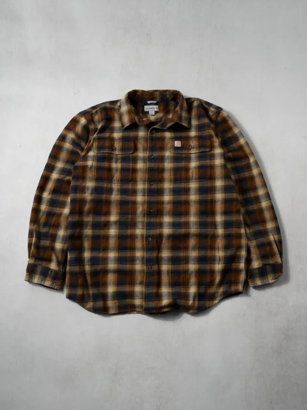 Vintage Y2K Brown, Navy and White Cahartt Plaid Flannel (L) sold by Rebalance Vintage