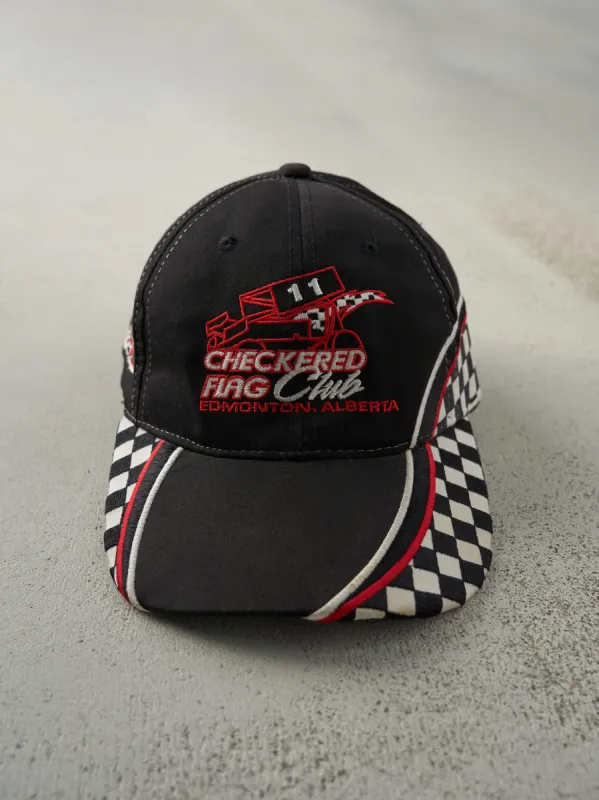 Vintage 90s Black Embroidered Checkered Flag Club Alberta Velcro Back Hat sold by Rebalance Vintage