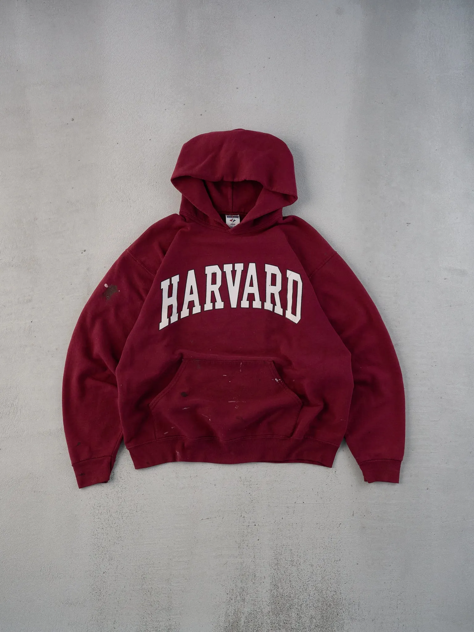 Vintage Y2k Maroon Red Harvard Paint Stained Hoodie (L) sold by Rebalance Vintage