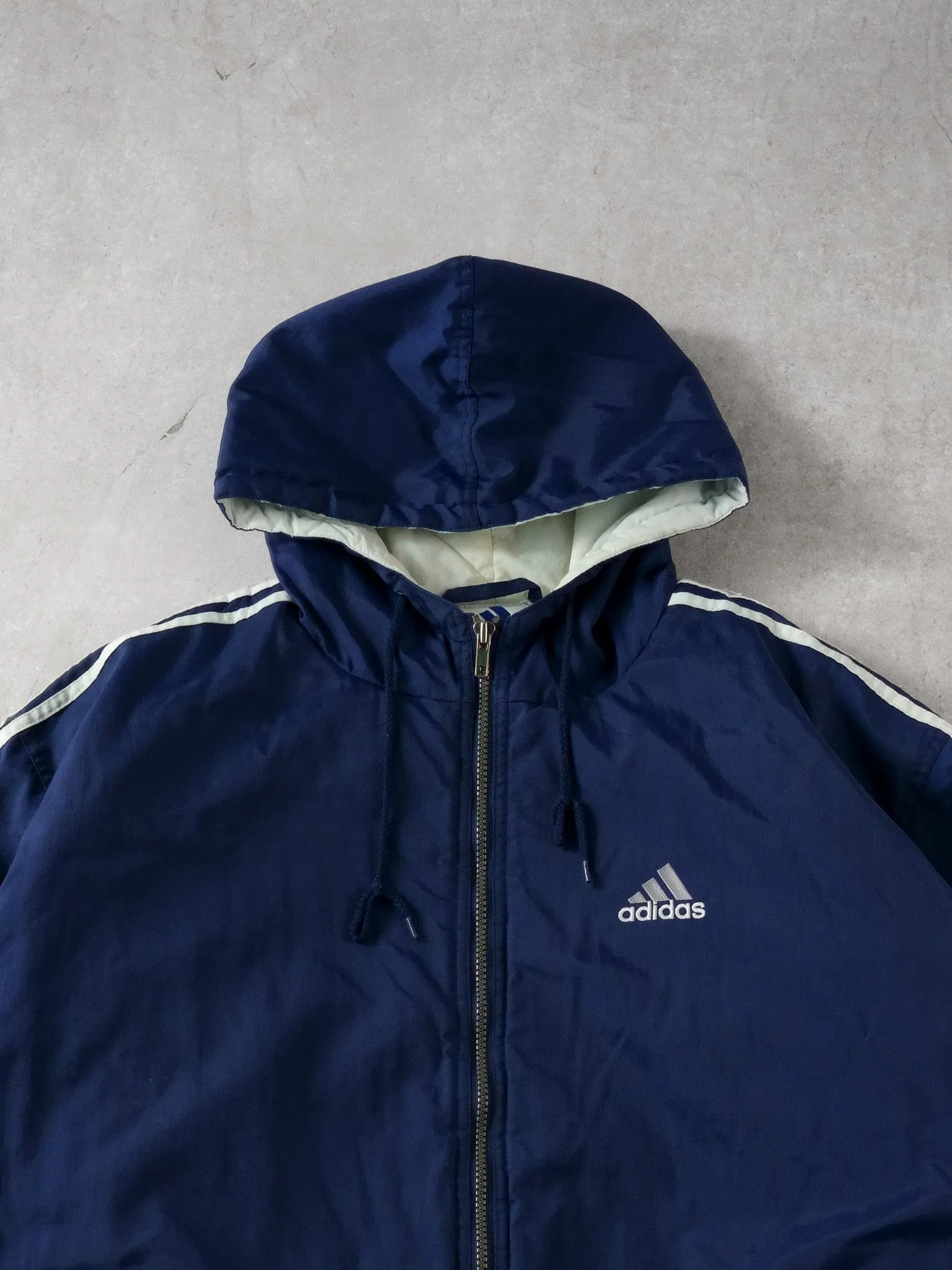 Vintage 90s Navy Blue Adidas Hooded Windbreaker (L) sold by Rebalance Vintage product image thumbnail 2