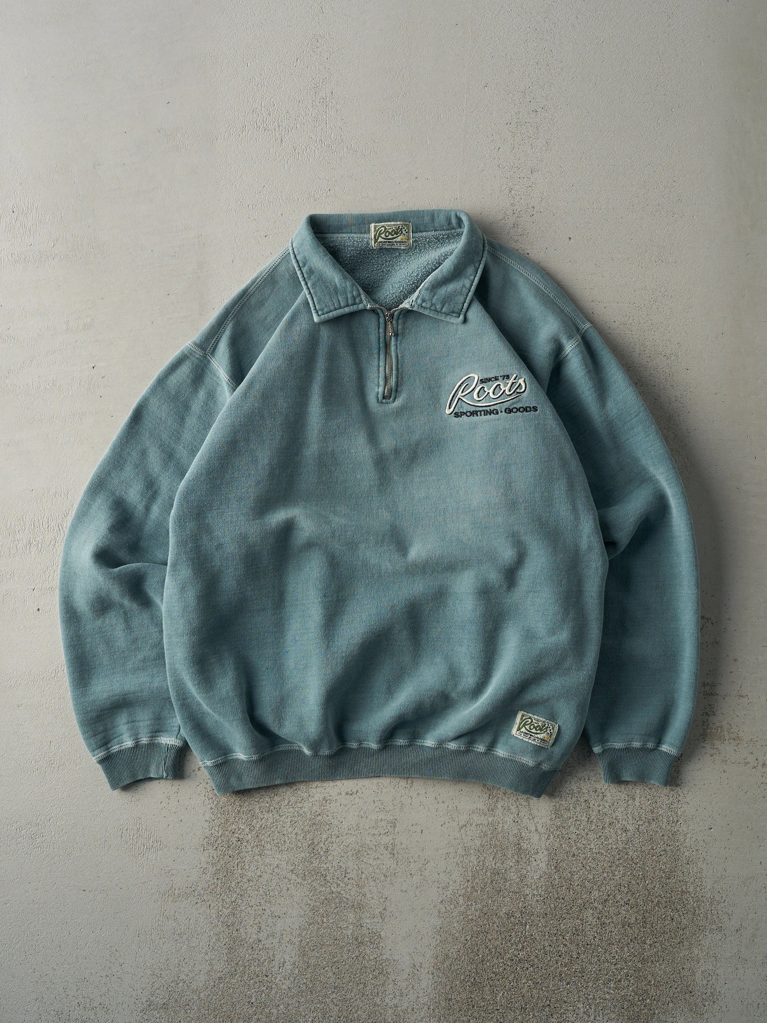Vintage 90s RARE Washed Green Roots Quarter Zip Sweatshirt (L) sold by Rebalance Vintage