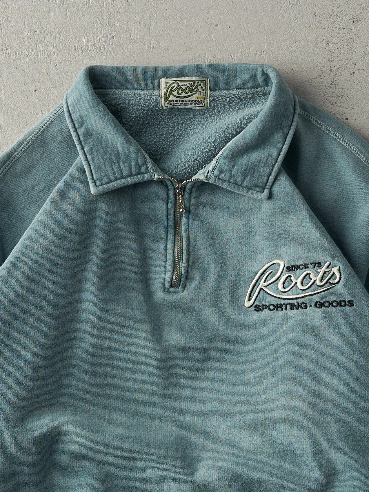 Vintage 90s RARE Washed Green Roots Quarter Zip Sweatshirt (L) sold by Rebalance Vintage product image thumbnail 2