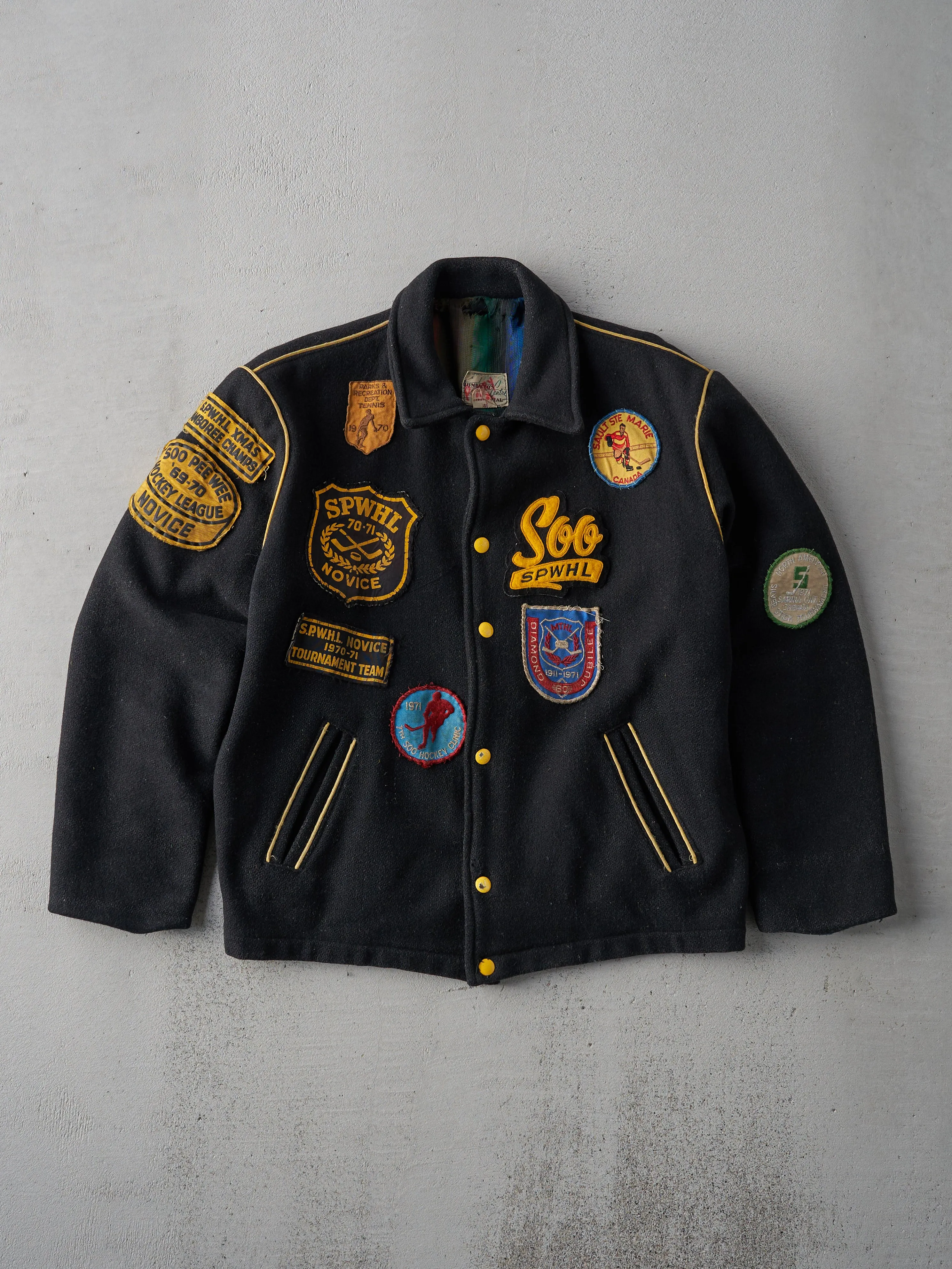 Vintage 70s Black BUMBACO'S Sports Center Patchwork Wool Jacket (S/M) sold by Rebalance Vintage