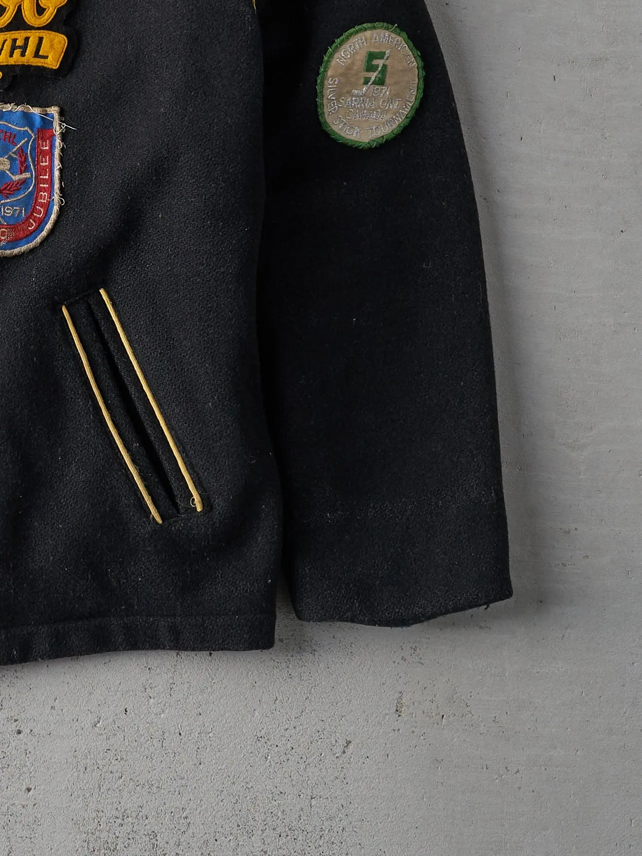 Vintage 70s Black BUMBACO'S Sports Center Patchwork Wool Jacket (S/M) sold by Rebalance Vintage product image thumbnail 3