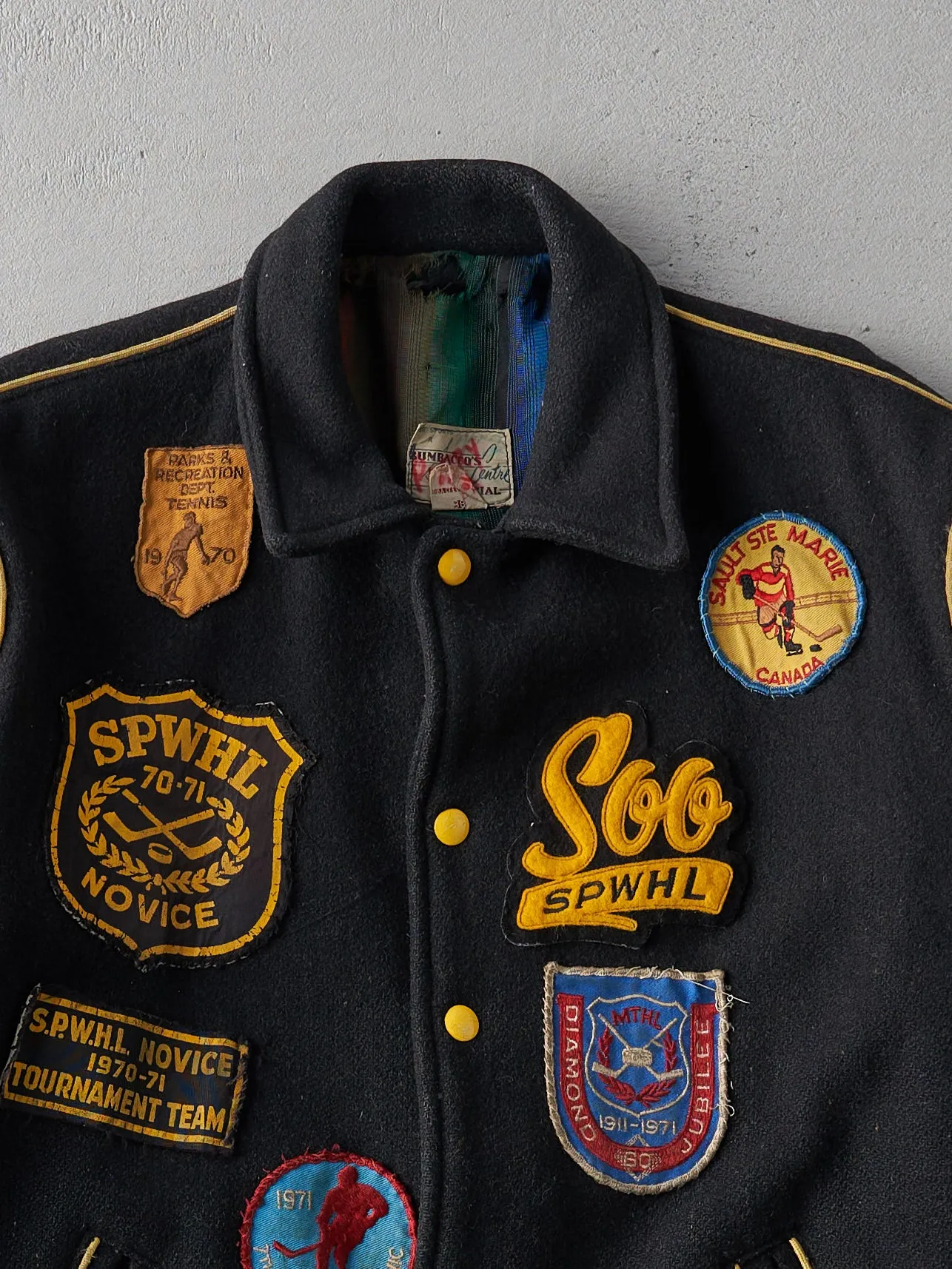 Vintage 70s Black BUMBACO'S Sports Center Patchwork Wool Jacket (S/M) sold by Rebalance Vintage product image thumbnail 2