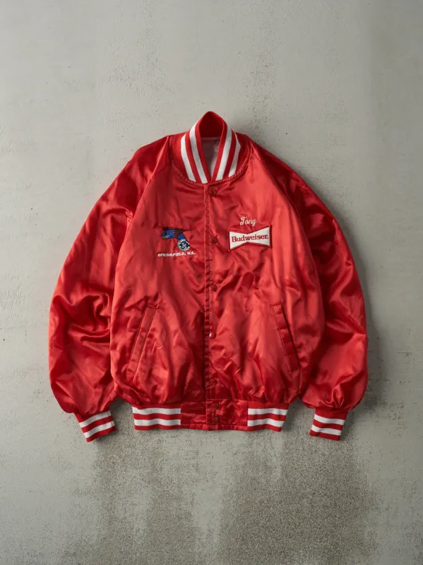Vintage 80s Red Embroidered Budweiser Satin Bomber Jacket (M) sold by Rebalance Vintage