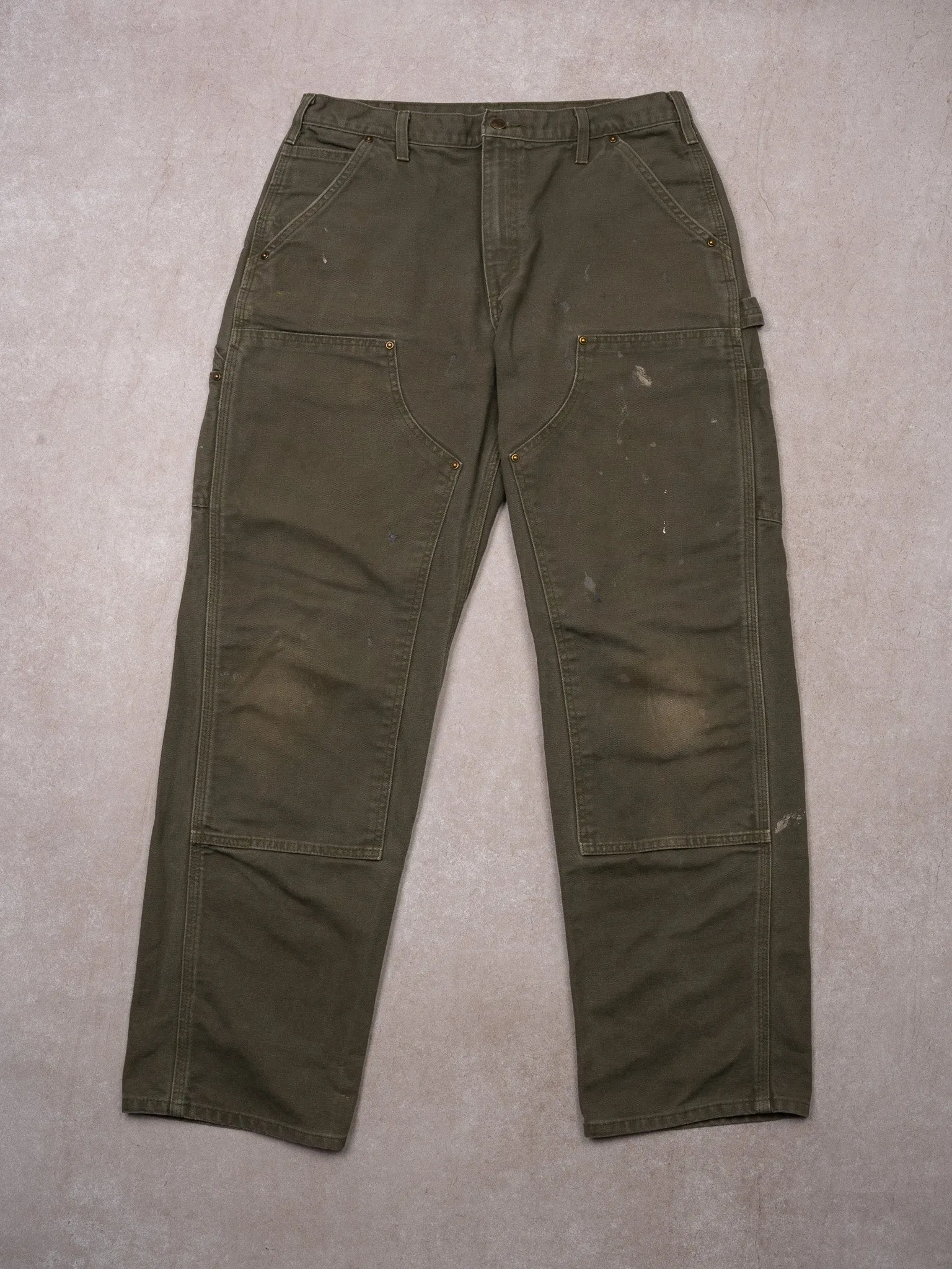 Vintage Moss Green Carhartt Double Knee Paint Splash Cargo Pants (33 x 32) sold by Rebalance Vintage