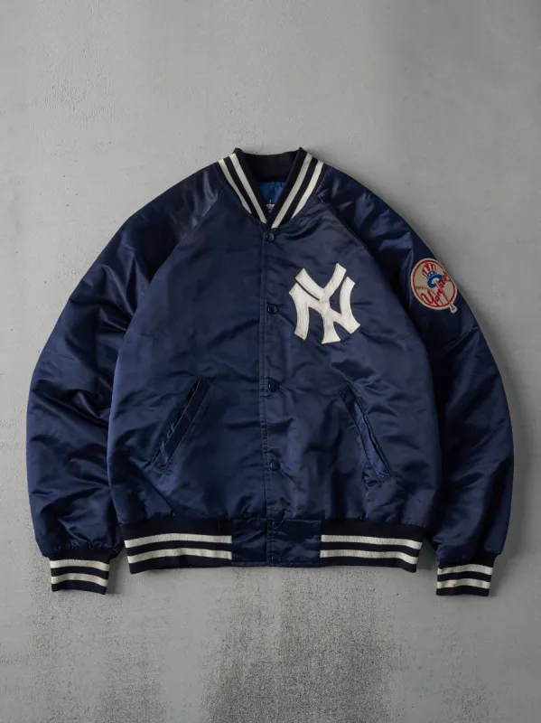Vintage 80s Navy Blue New York Yankees Starter Satin Bomber Jacket (L) sold by Rebalance Vintage