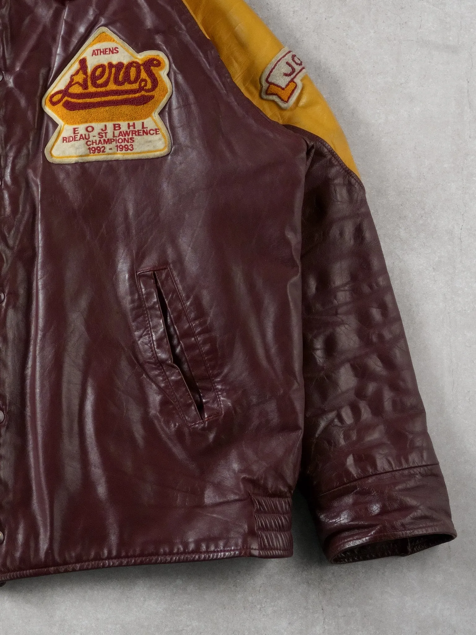 Vintage 93' Maroon and Yellow Athens Aeros Leather Jacket (L) sold by Rebalance Vintage product image thumbnail 5