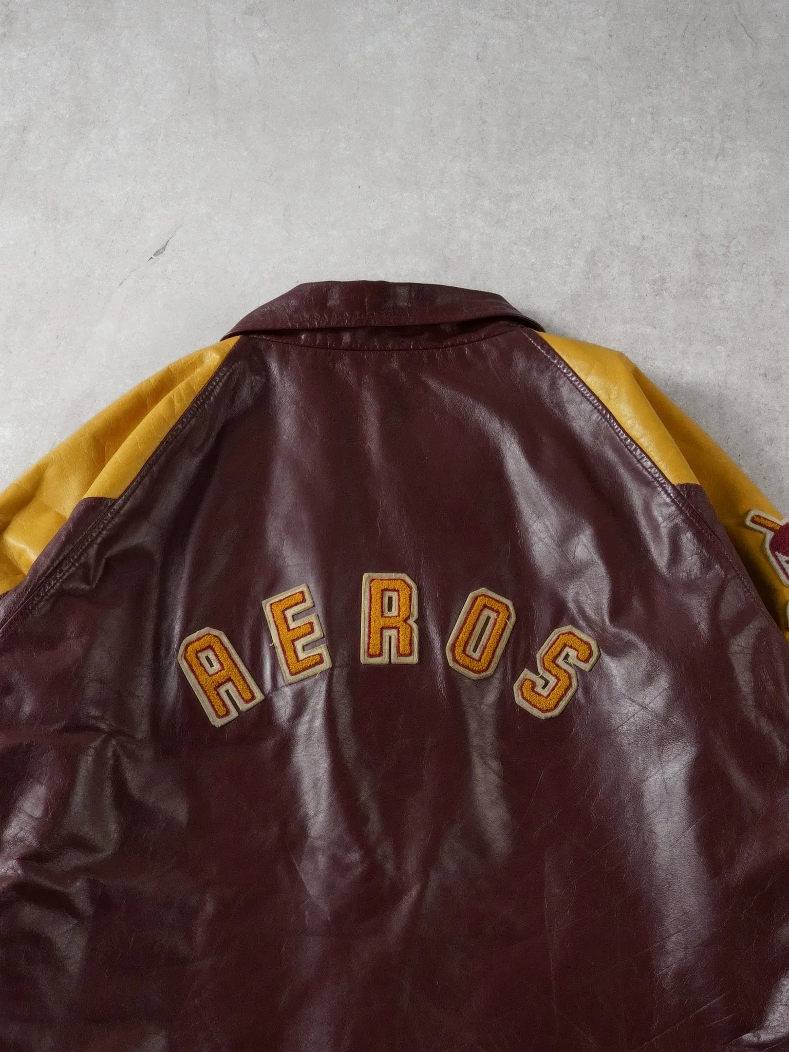 Vintage 93' Maroon and Yellow Athens Aeros Leather Jacket (L) sold by Rebalance Vintage product image thumbnail 4