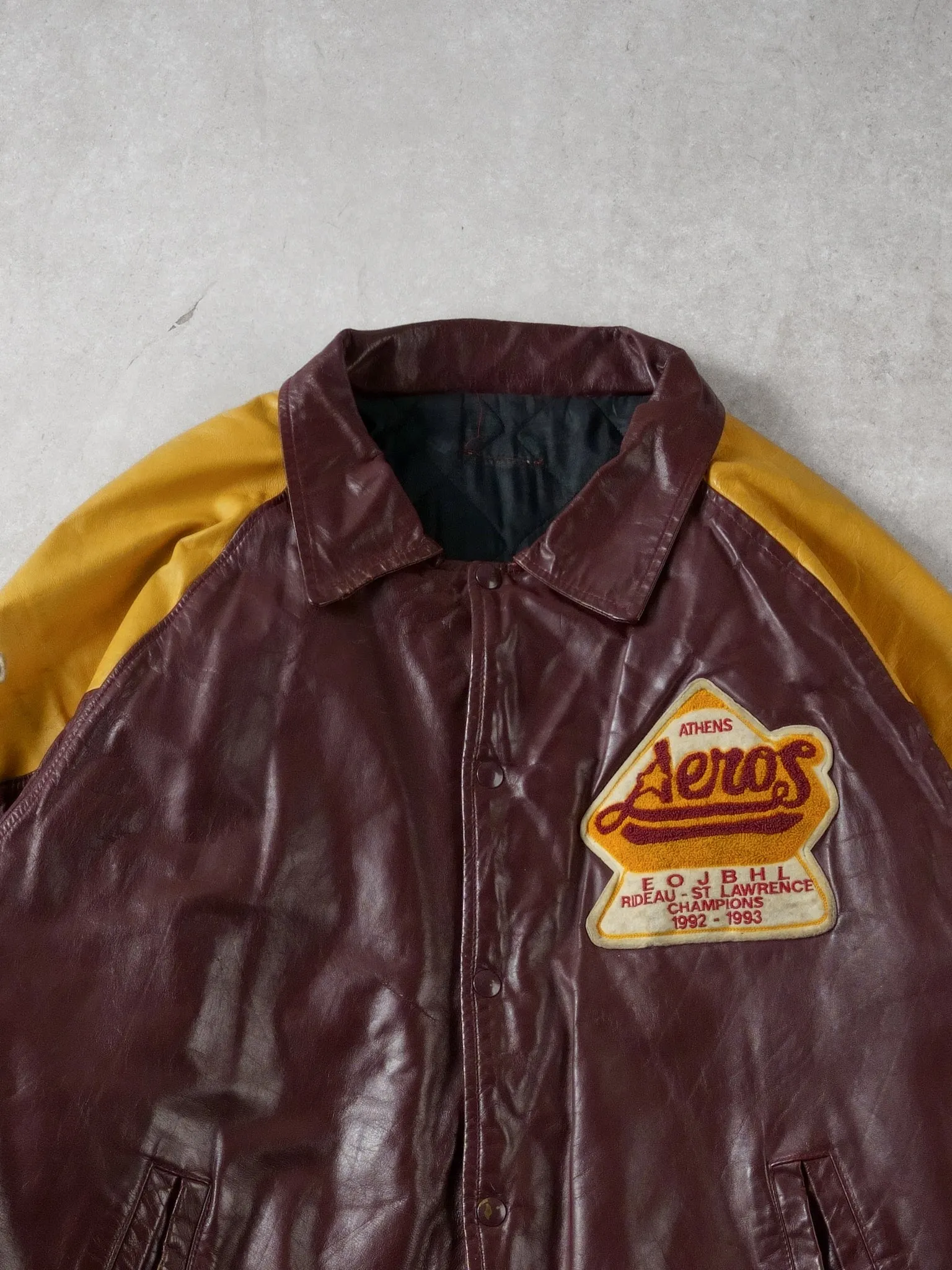Vintage 93' Maroon and Yellow Athens Aeros Leather Jacket (L) sold by Rebalance Vintage product image thumbnail 3