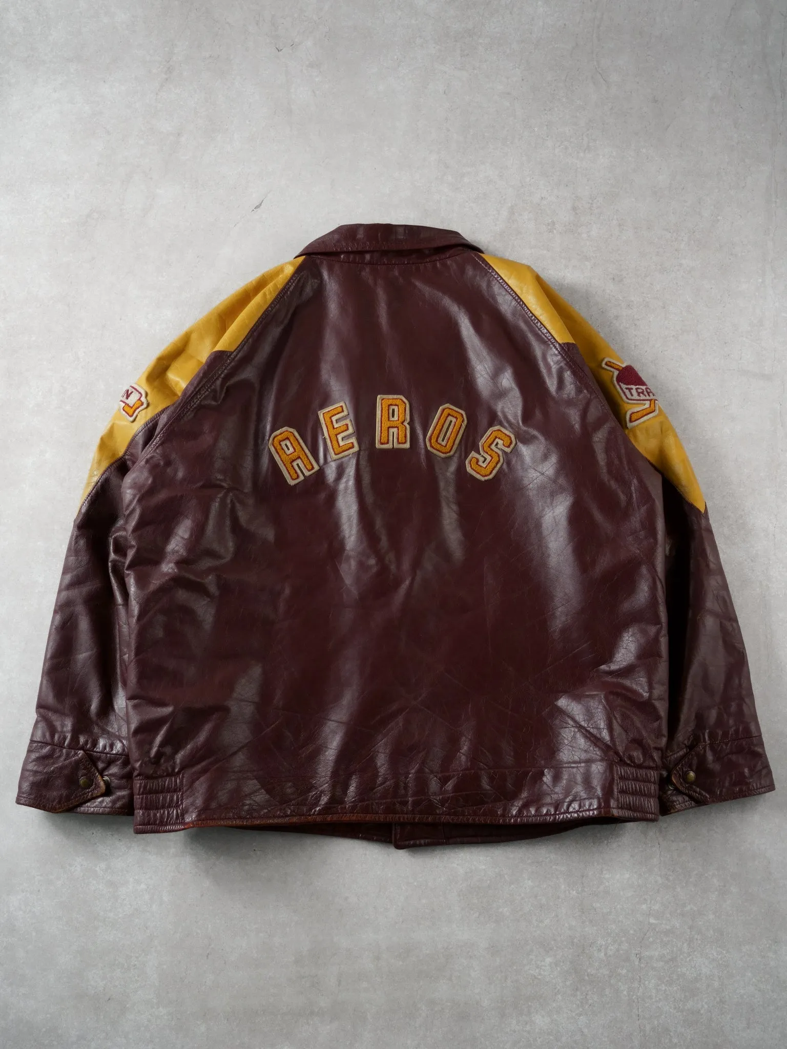 Vintage 93' Maroon and Yellow Athens Aeros Leather Jacket (L) sold by Rebalance Vintage product image thumbnail 2