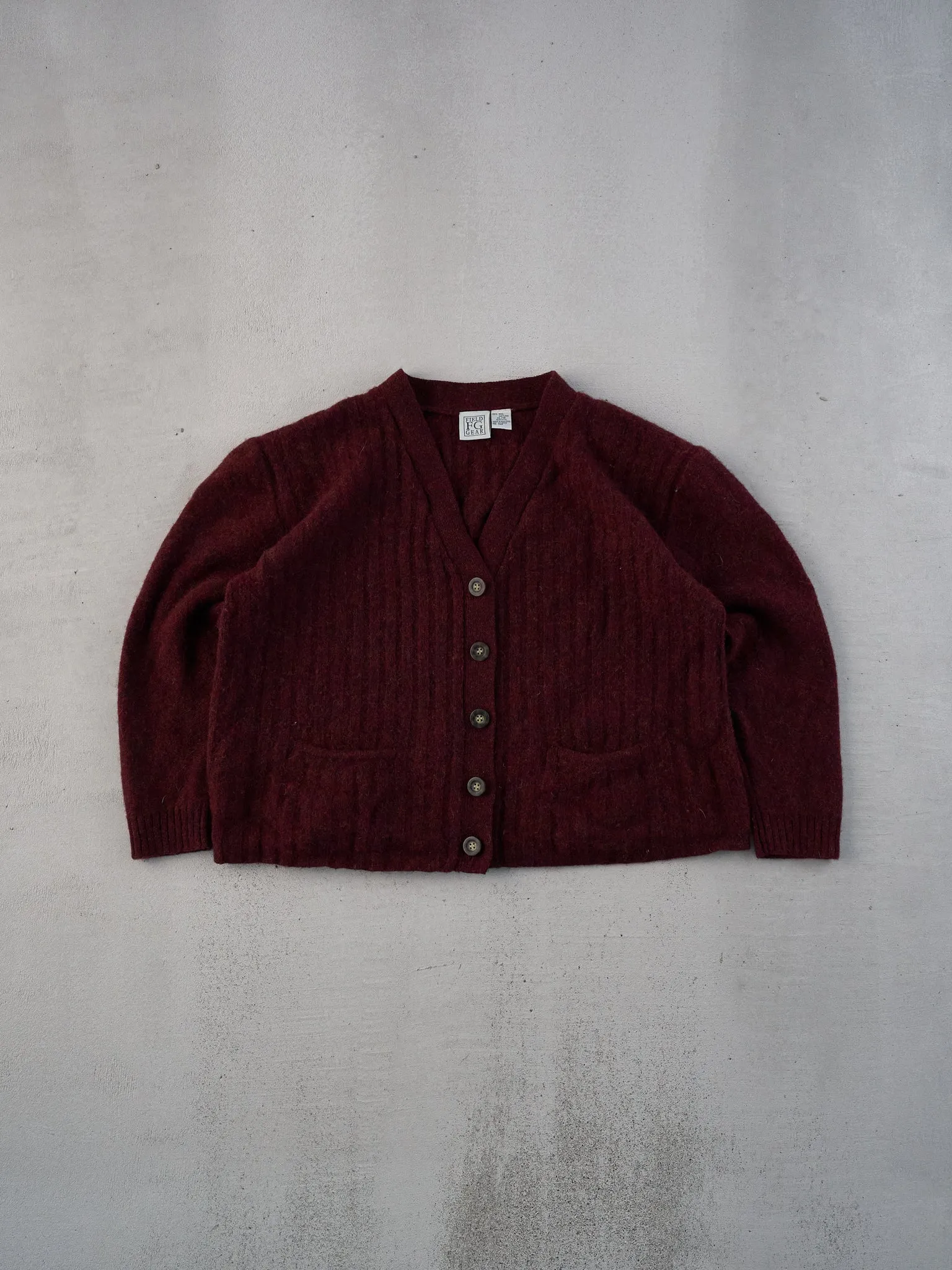 Vintage 80s Maroon Field Gear Knit Boxy Cardigan (M) sold by Rebalance Vintage